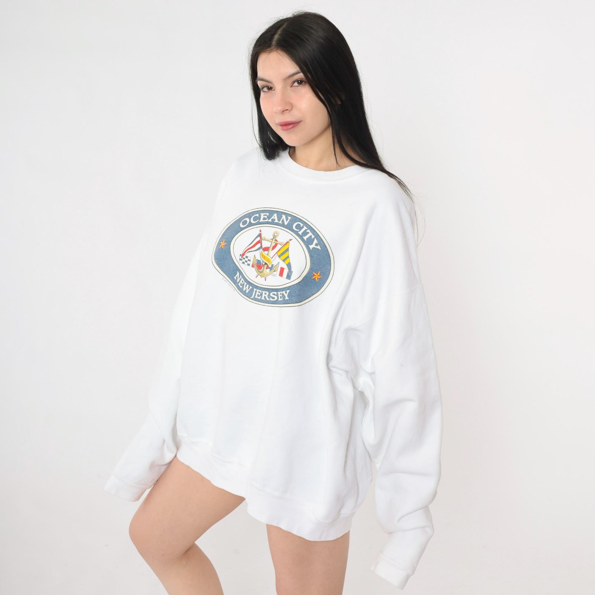 90s Ocean City New Jersey Nautical Anchor Graphic Sweatshirt White Crewneck XXL