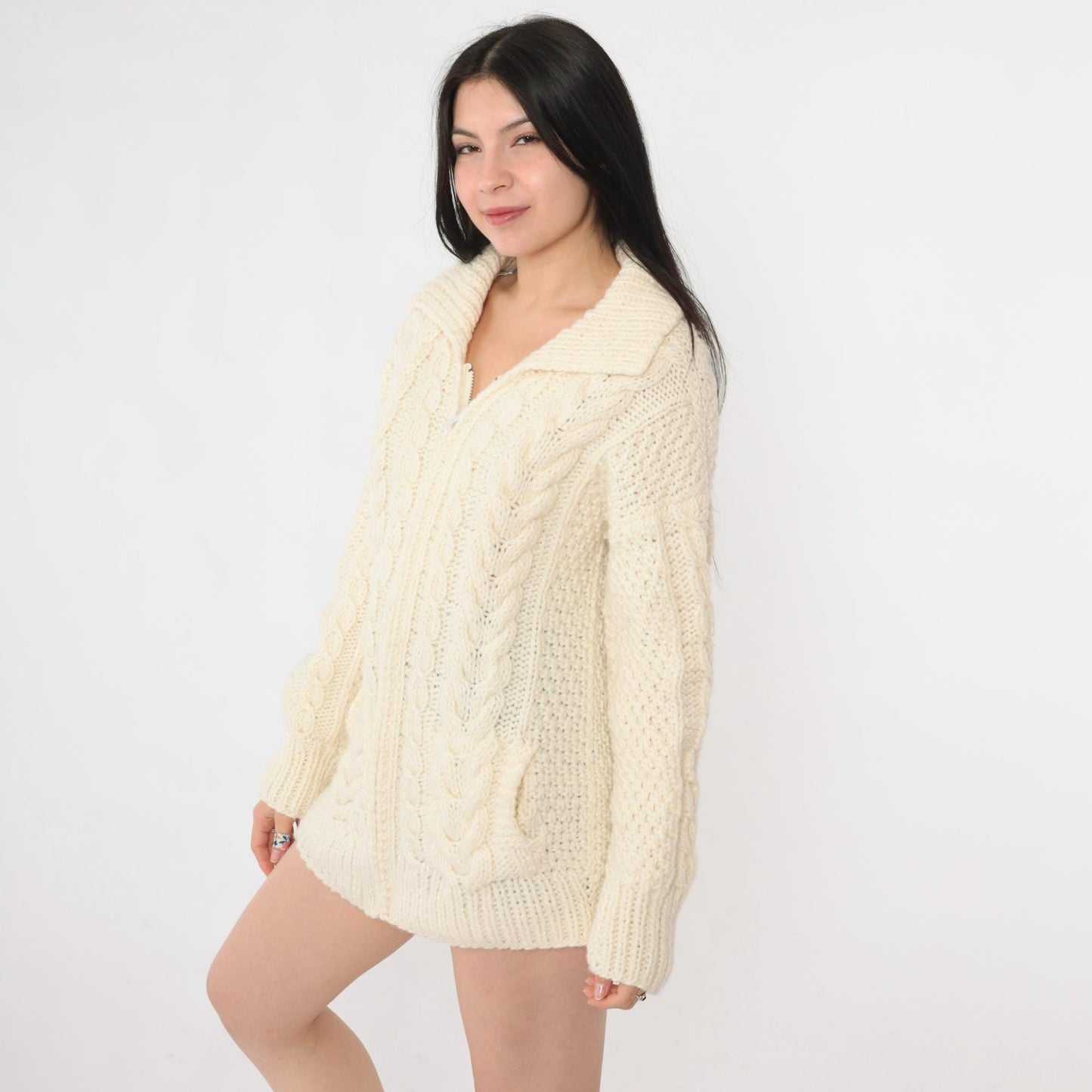 90s Cable Knit Zip Cardigan Cream Wool Sweater Medium M