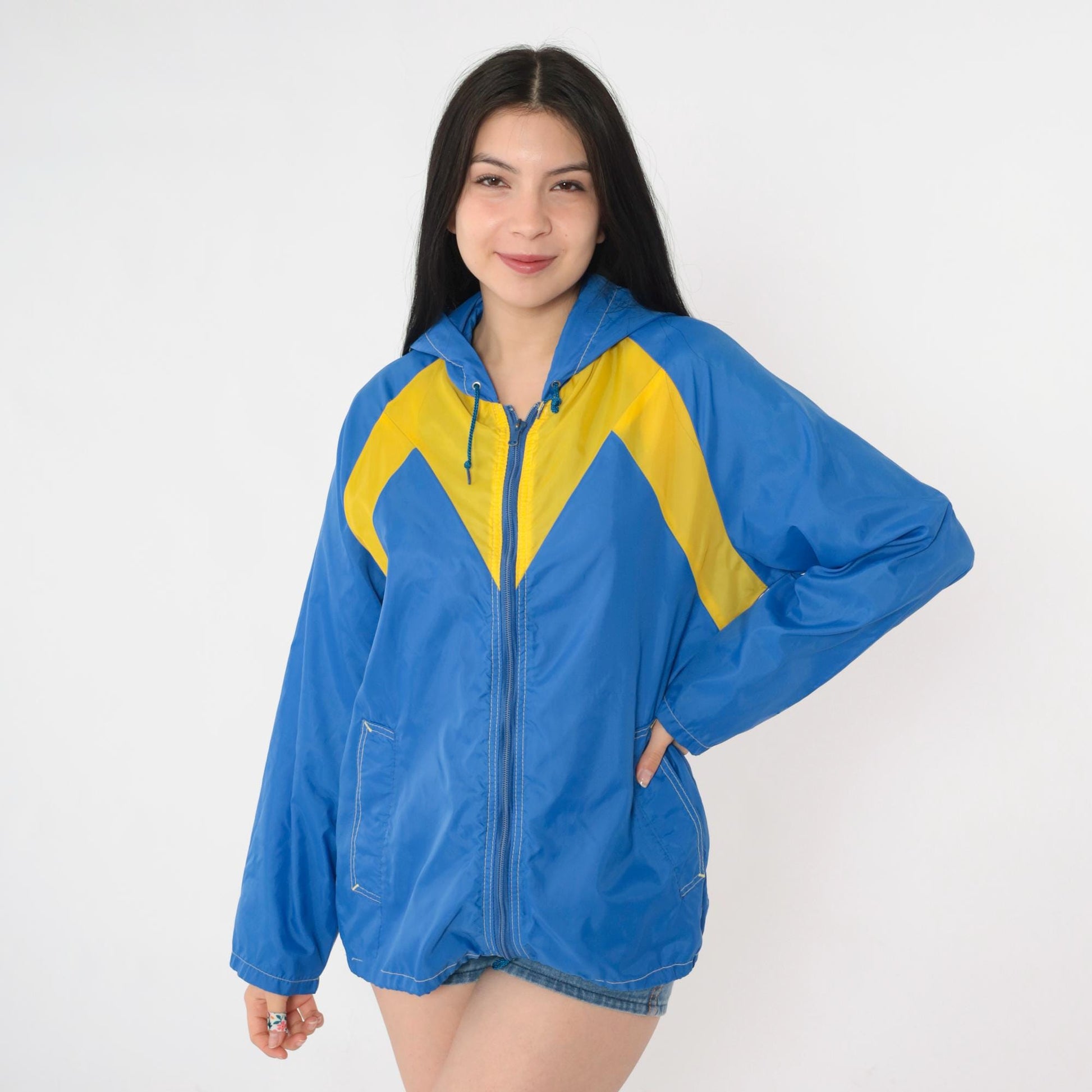 80s Blue Yellow Color Block Windbreaker Hooded Zip Jacket Medium