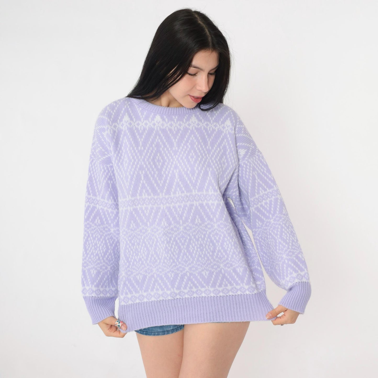 80s Lavender Diamond Geometric Knit Sweater Crewneck Pullover Medium Large