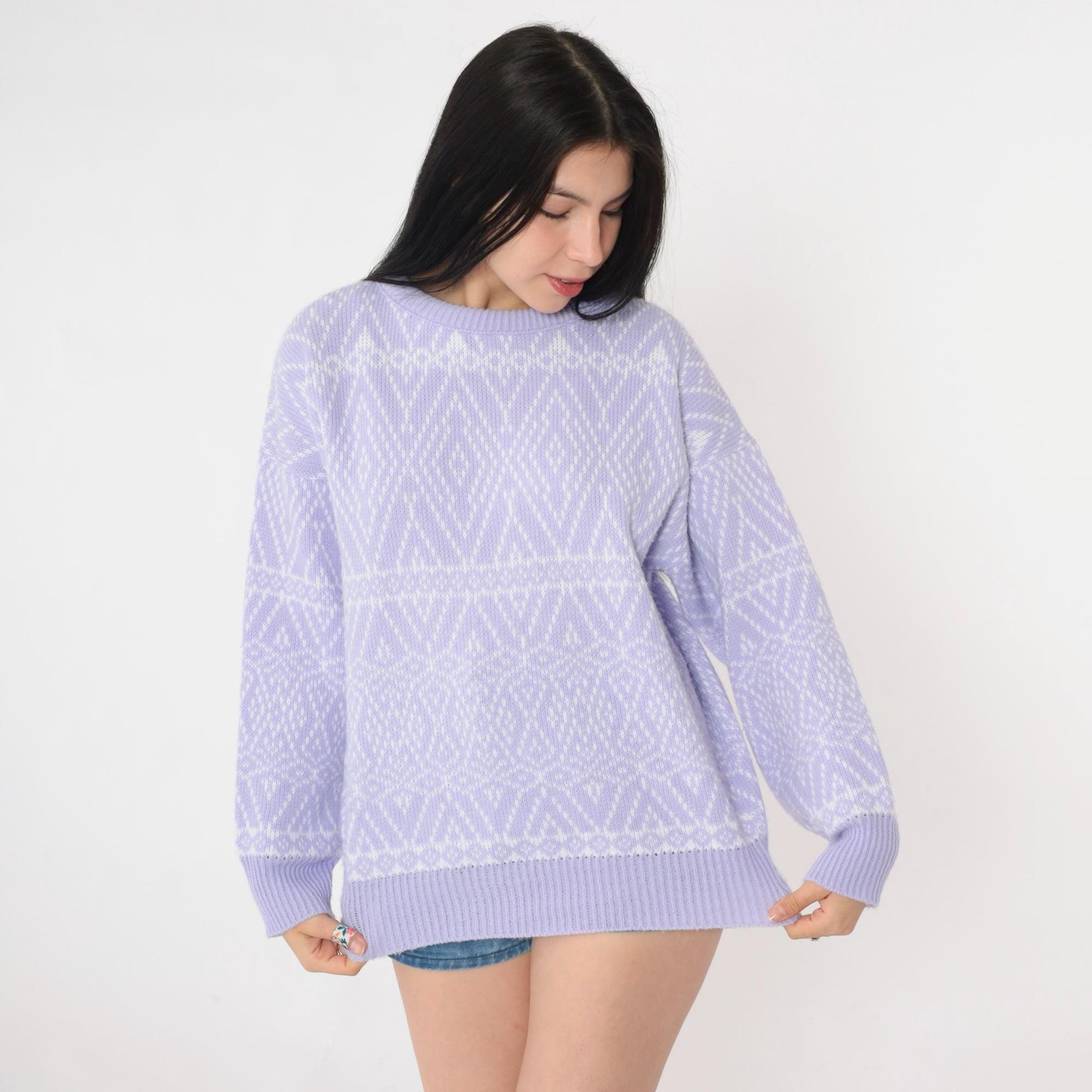 80s Lavender Diamond Geometric Knit Sweater Crewneck Pullover Medium Large