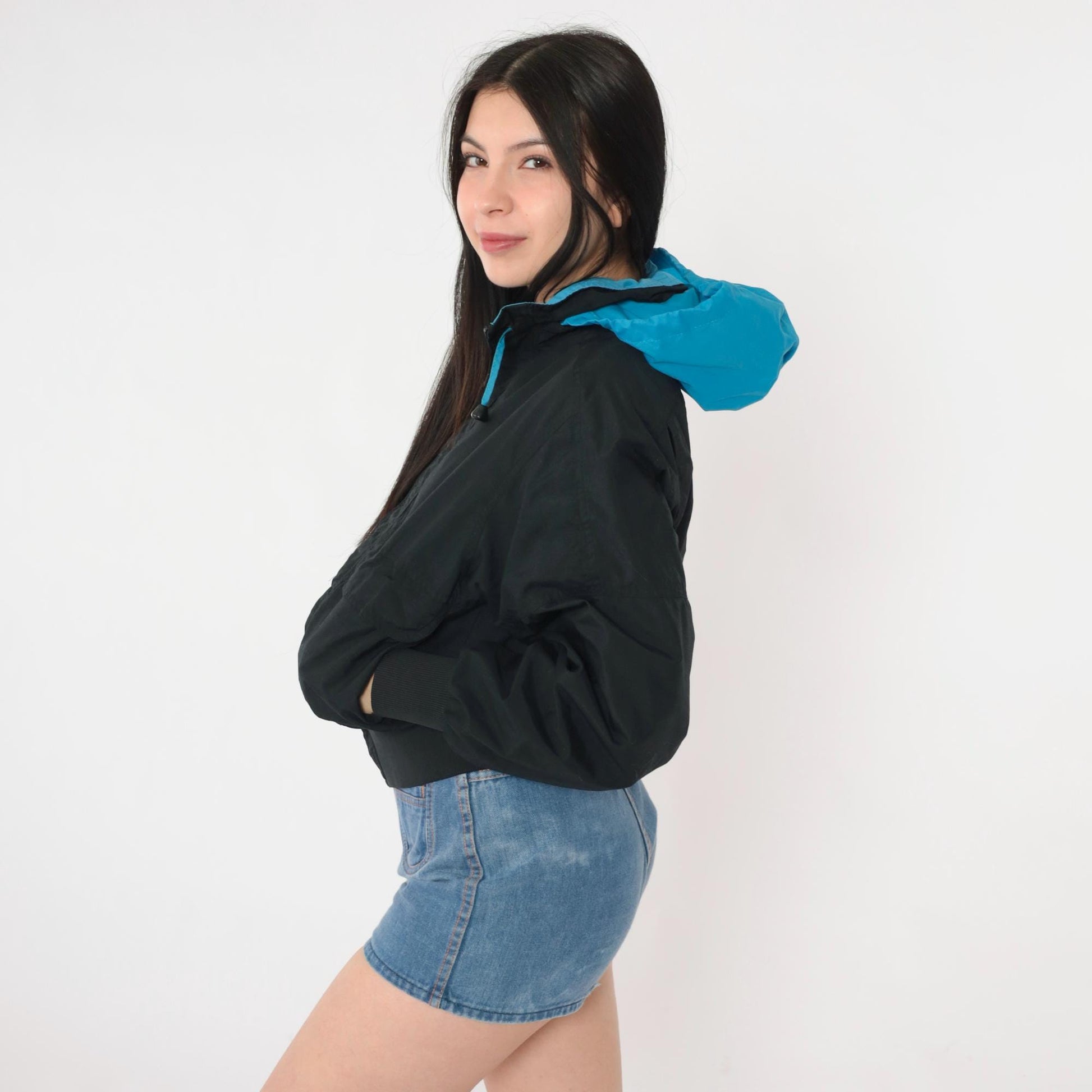 80s Pacific Trail Black Hooded Windbreaker Jacket Blue Trim Extra Small