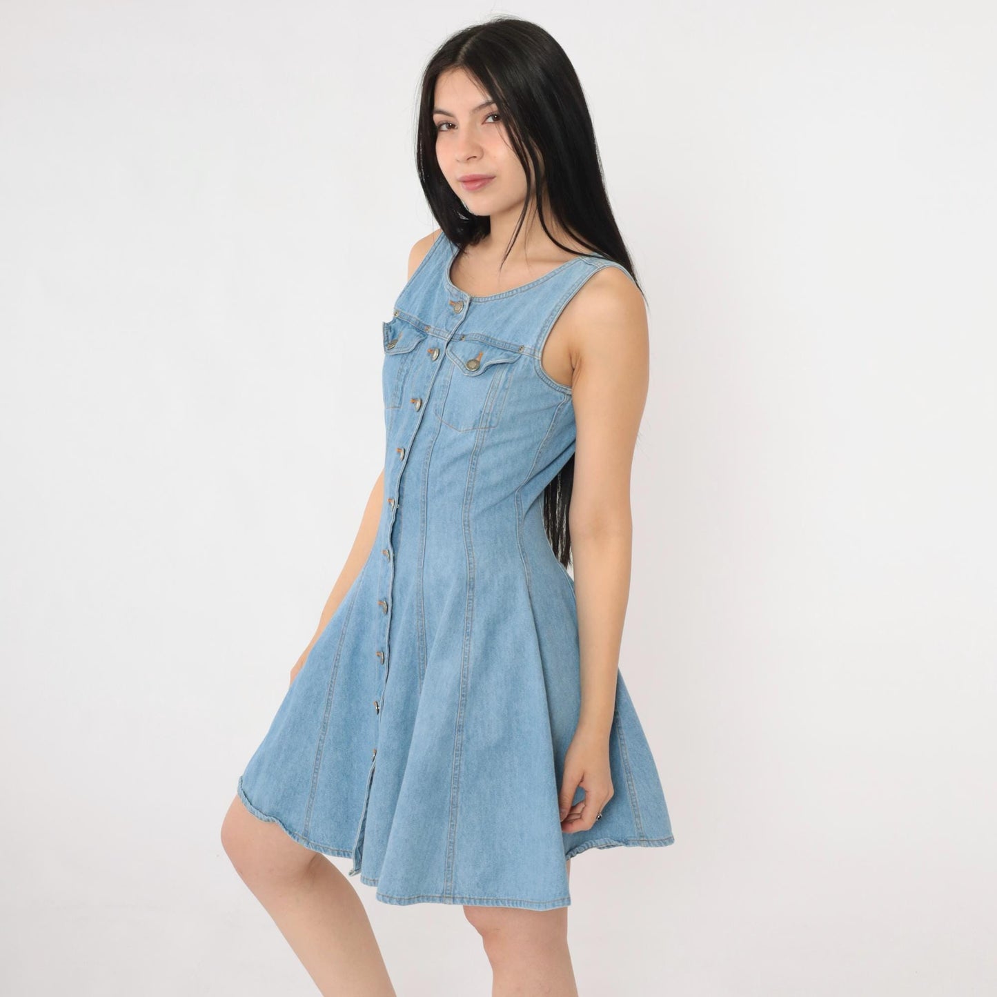 90s County Seat Denim Mini Dress Blue Button-Up Sleeveless Small S