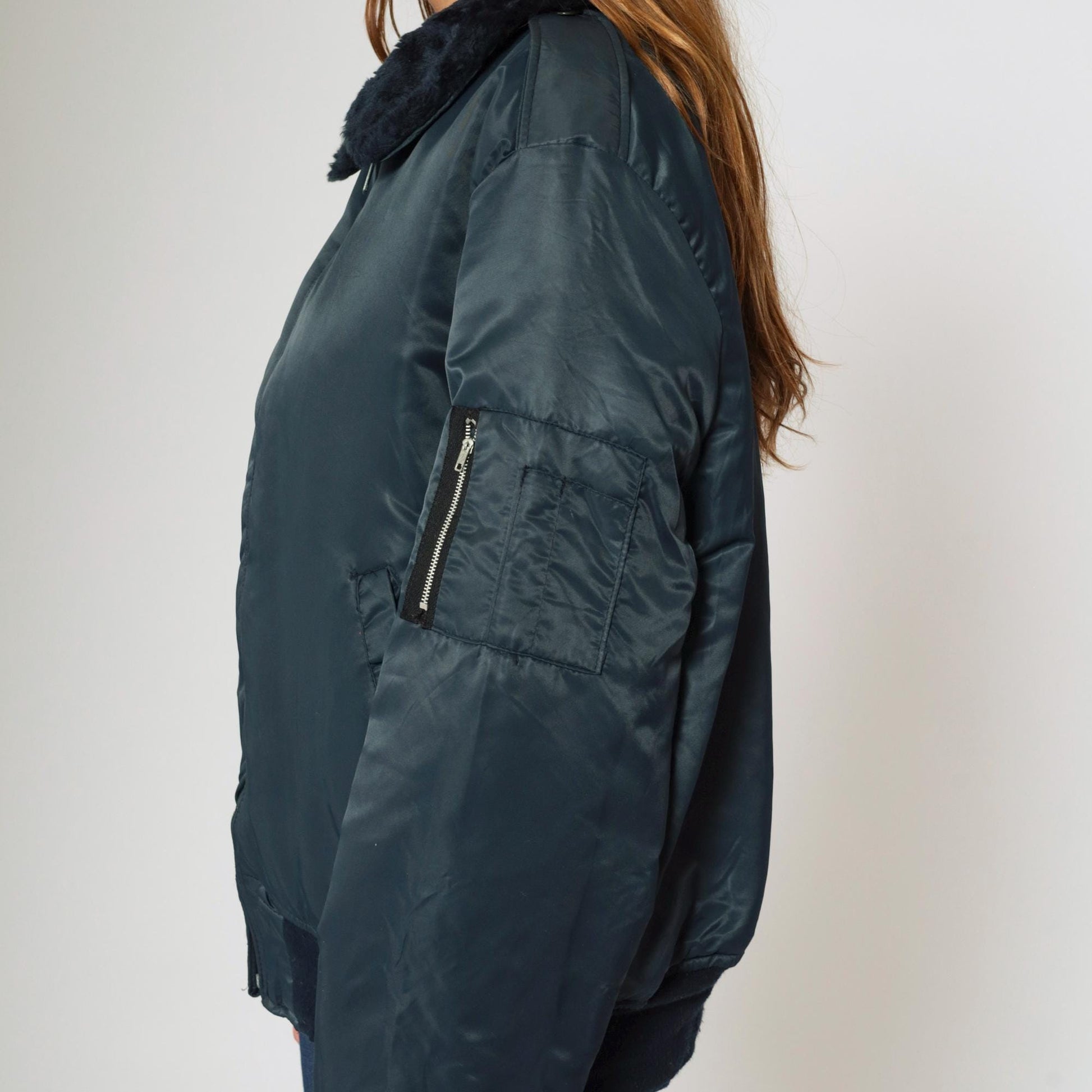 90s Dickies Navy Bomber Jacket Faux Fur Collar Quilted Lining Large L