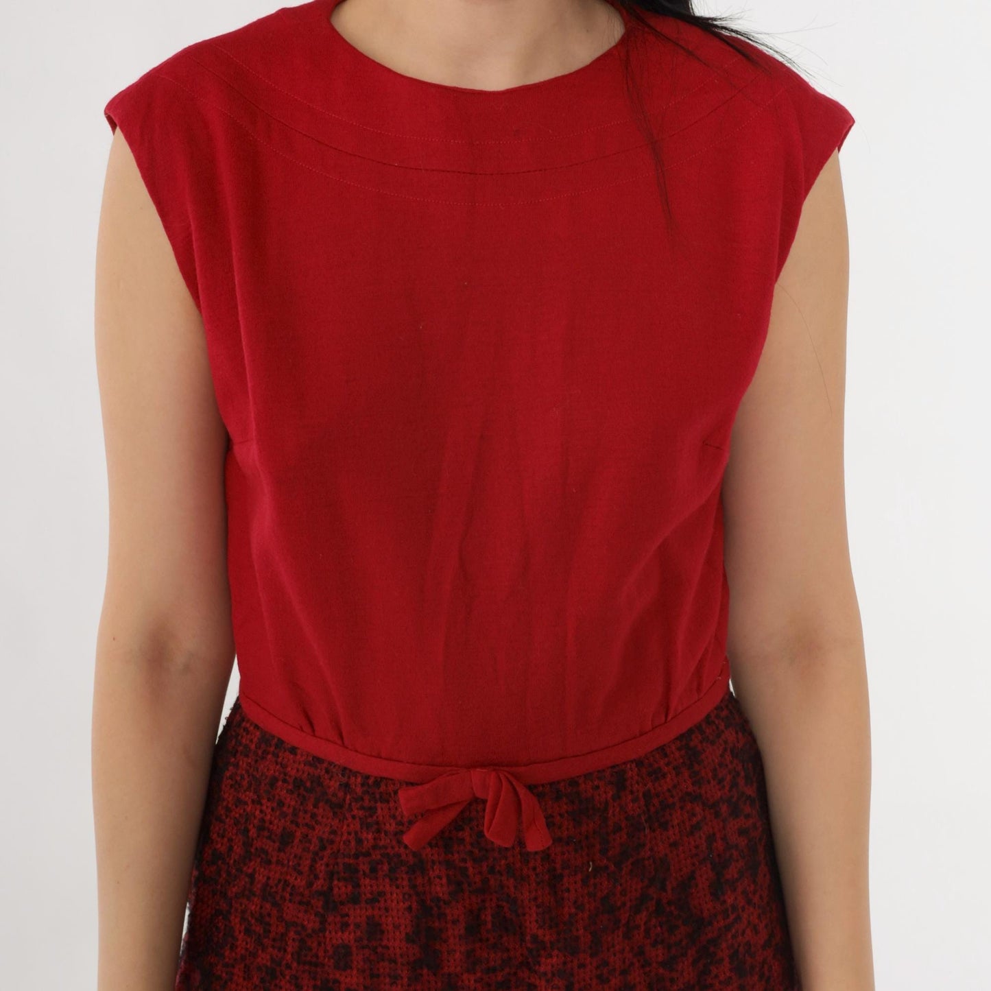 60s Peck & Peck Wool Mini Dress Red Abstract Print Bow Detail Small