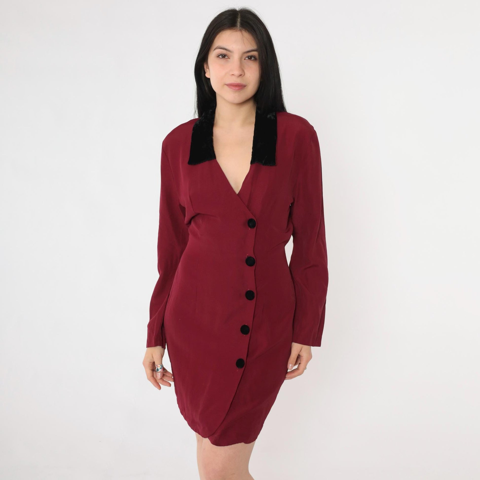 90s Burgundy Velvet Collar Mini Dress Button-Up Sheath Long Sleeve Small