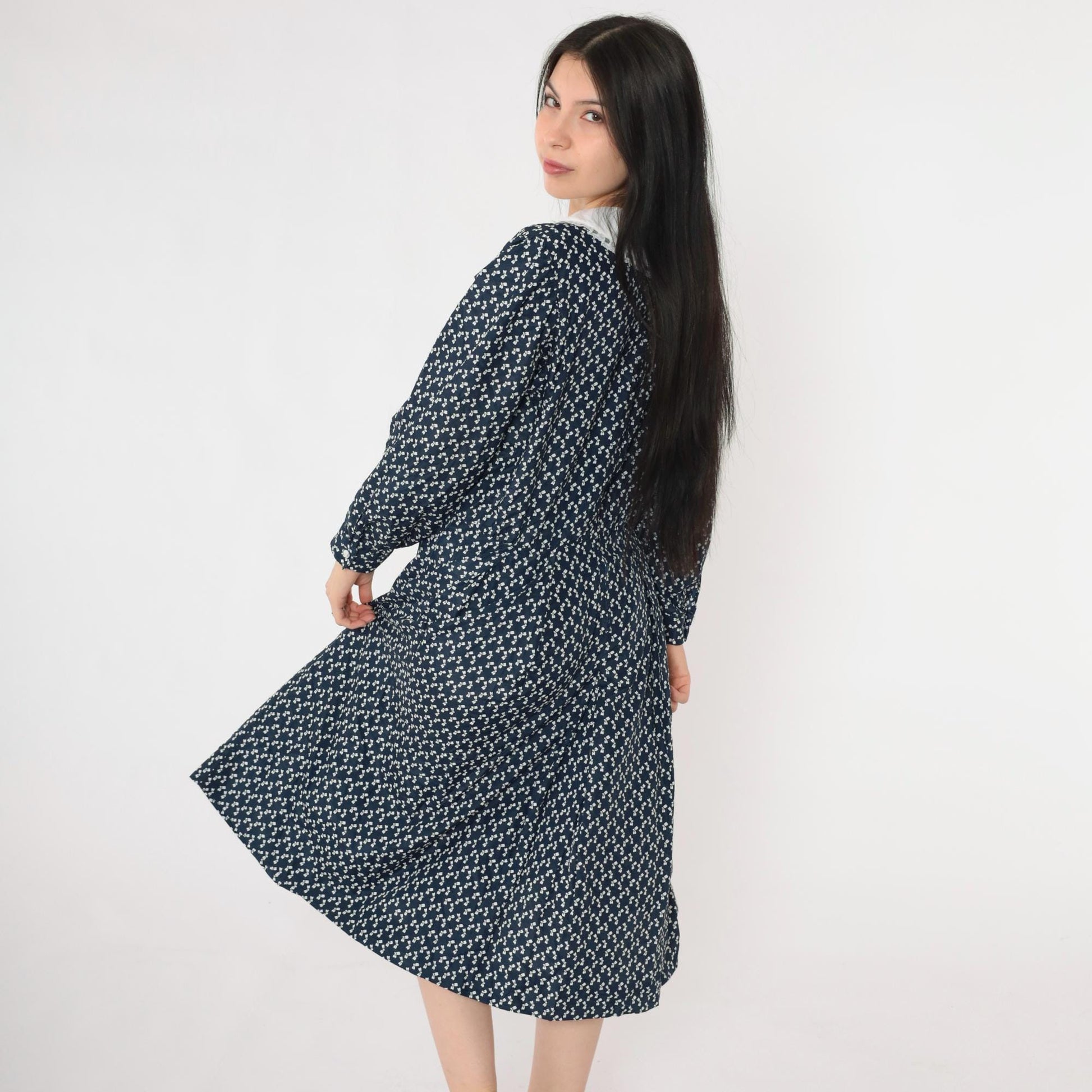 80s Navy Bow Print Midi Dress Peter Pan Collar Lace Trim Long Sleeve Medium Large