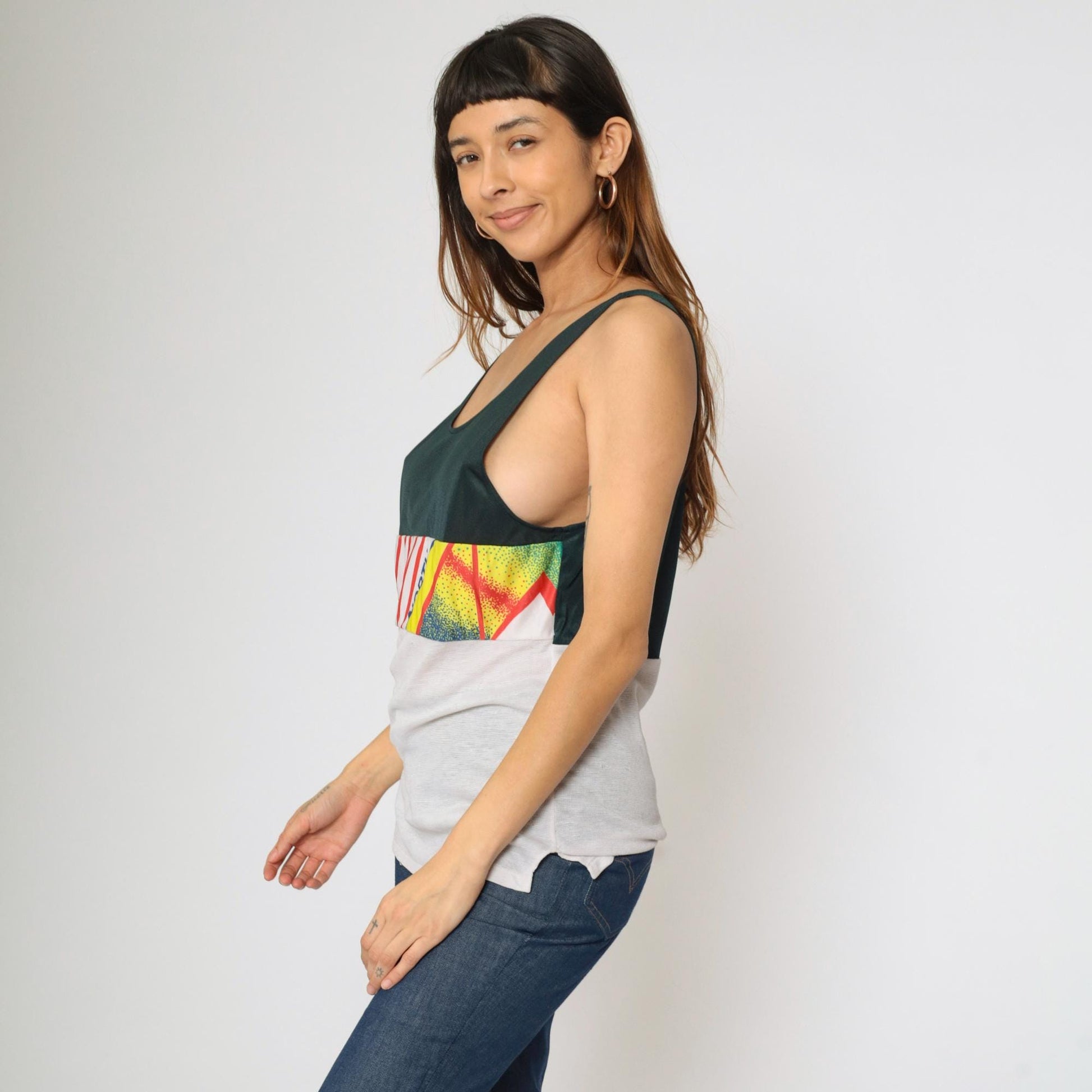 90s Colorblock Mesh Athletic Tank Top Flag Graphic Black White Small S
