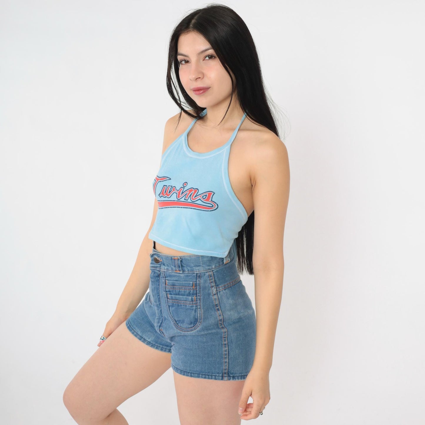 80s Twins Baseball Halter Crop Top Baby Blue Backless Medium M
