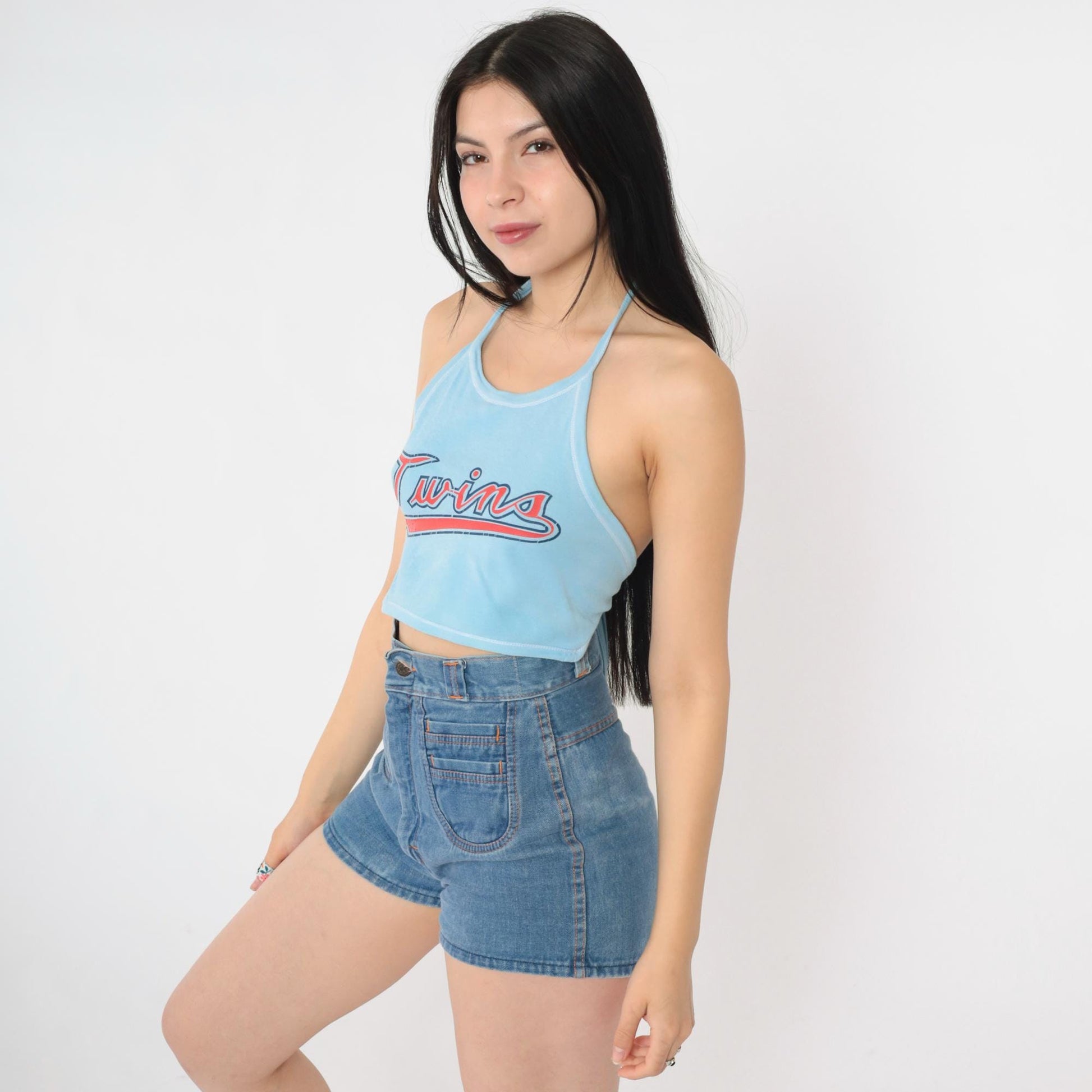 80s Twins Baseball Halter Crop Top Baby Blue Backless Medium M