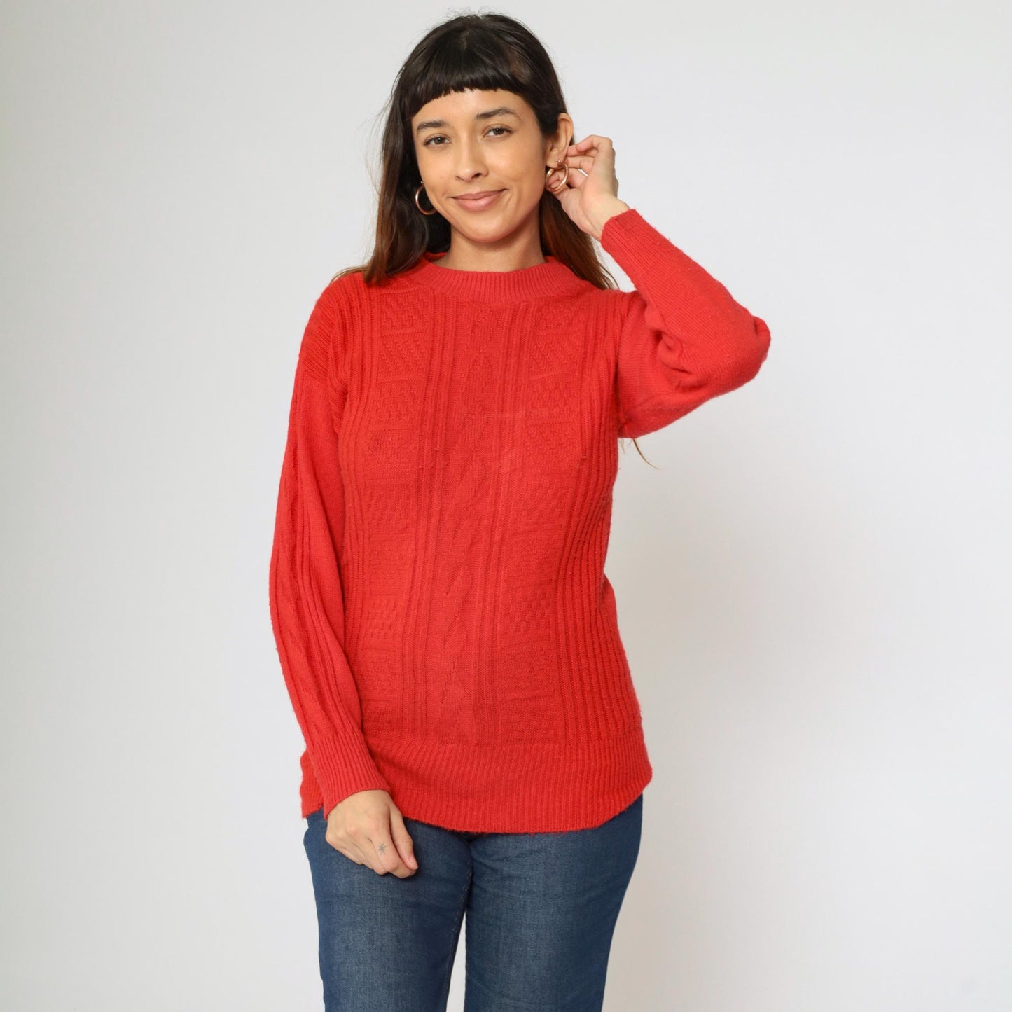 80s Cable Knit Sweater Red Textured Pullover Crewneck Extra Small