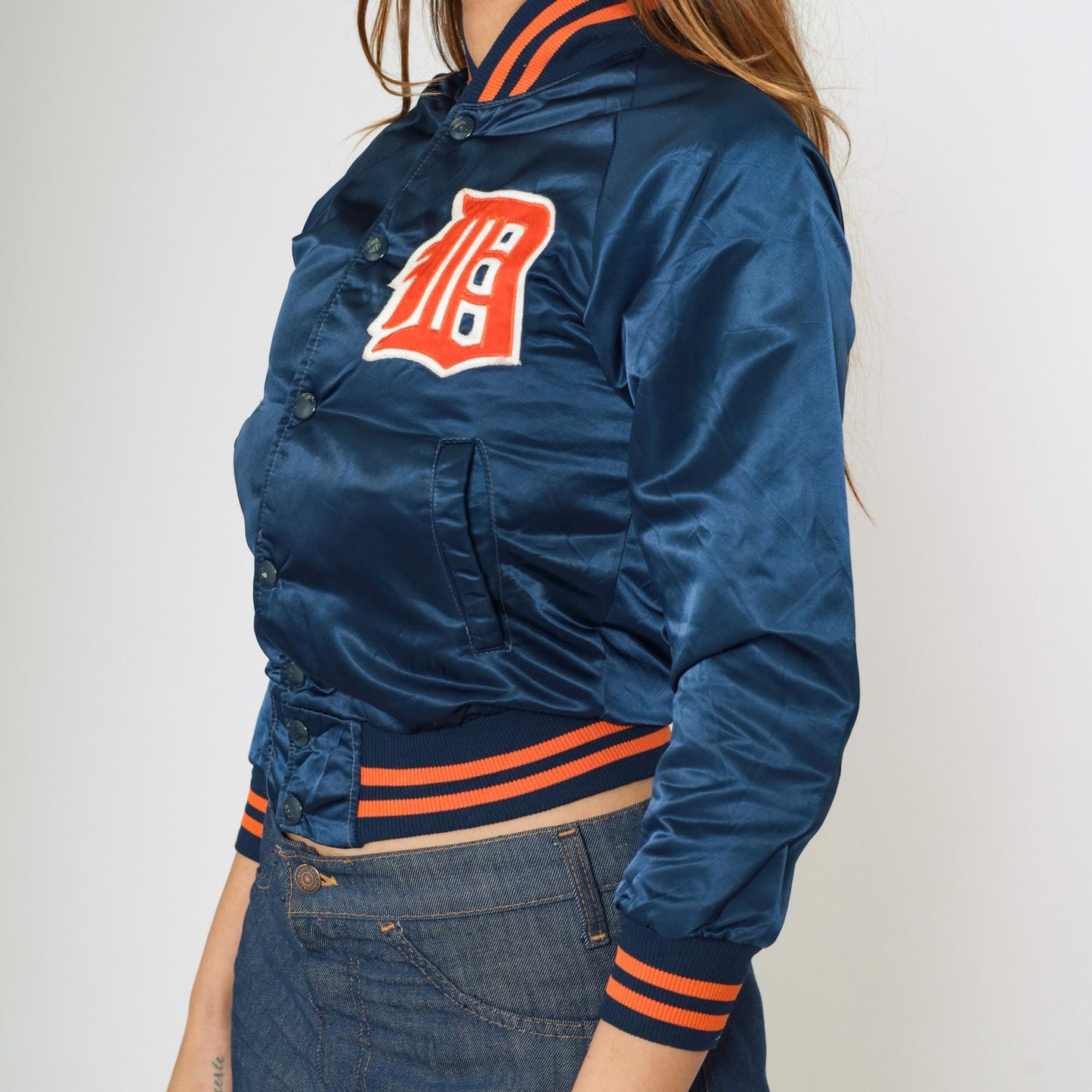 80s Detroit Tigers Satin Bomber Jacket Navy Blue Snap Front Kid's 12