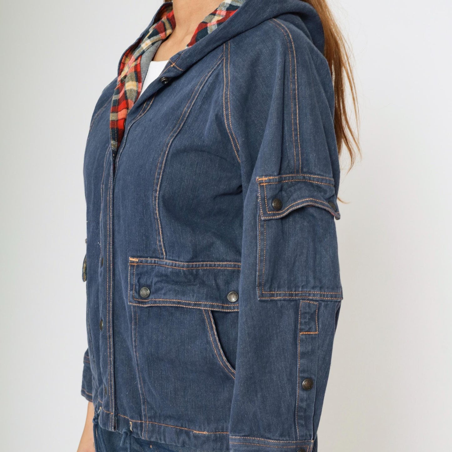 80s Dark Blue Denim Jacket Hooded Plaid Trim Cotton Medium