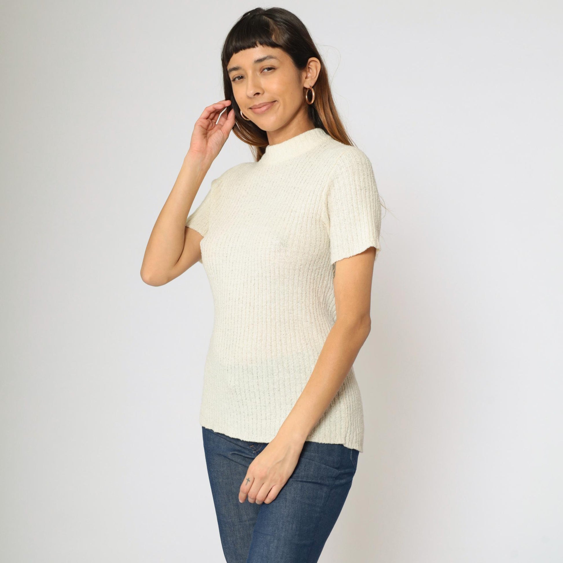 70s Rosanna Cream Ribbed Knit Mock Neck Short Sleeve Top Small Medium
