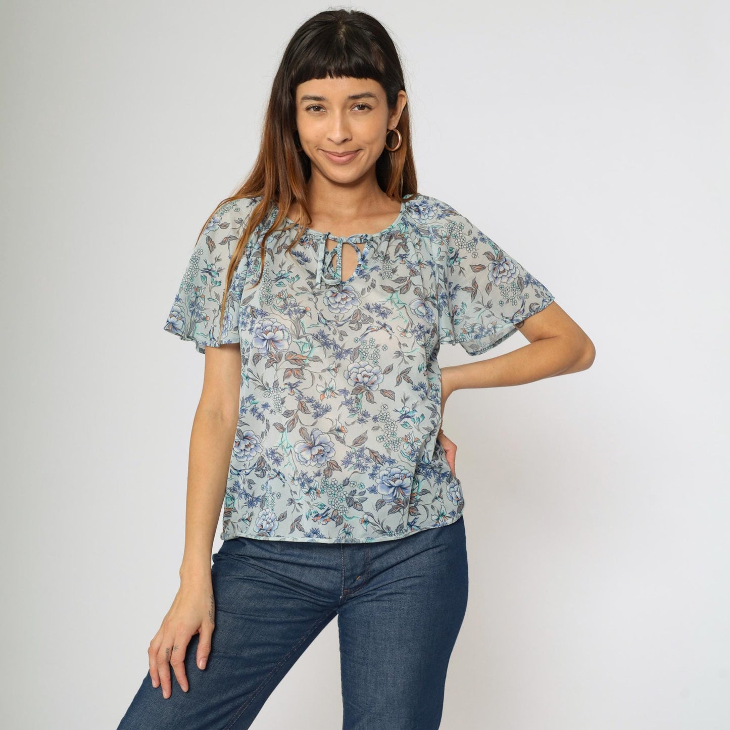 70s Teddi of California Floral Blouse Blue Keyhole Tie Neck Flutter Sleeve Small