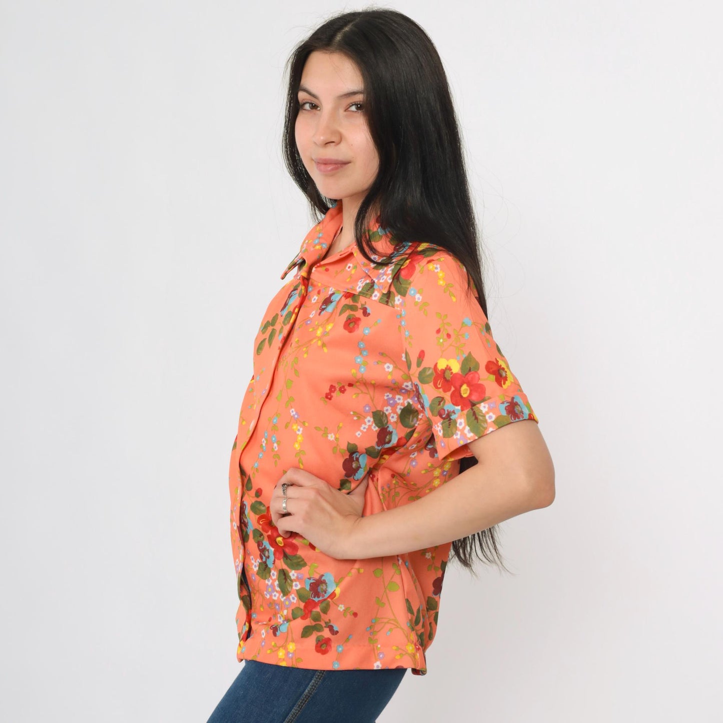 70s Smartique Floral Button-Up Blouse Orange Dagger Collar Short Sleeve Medium