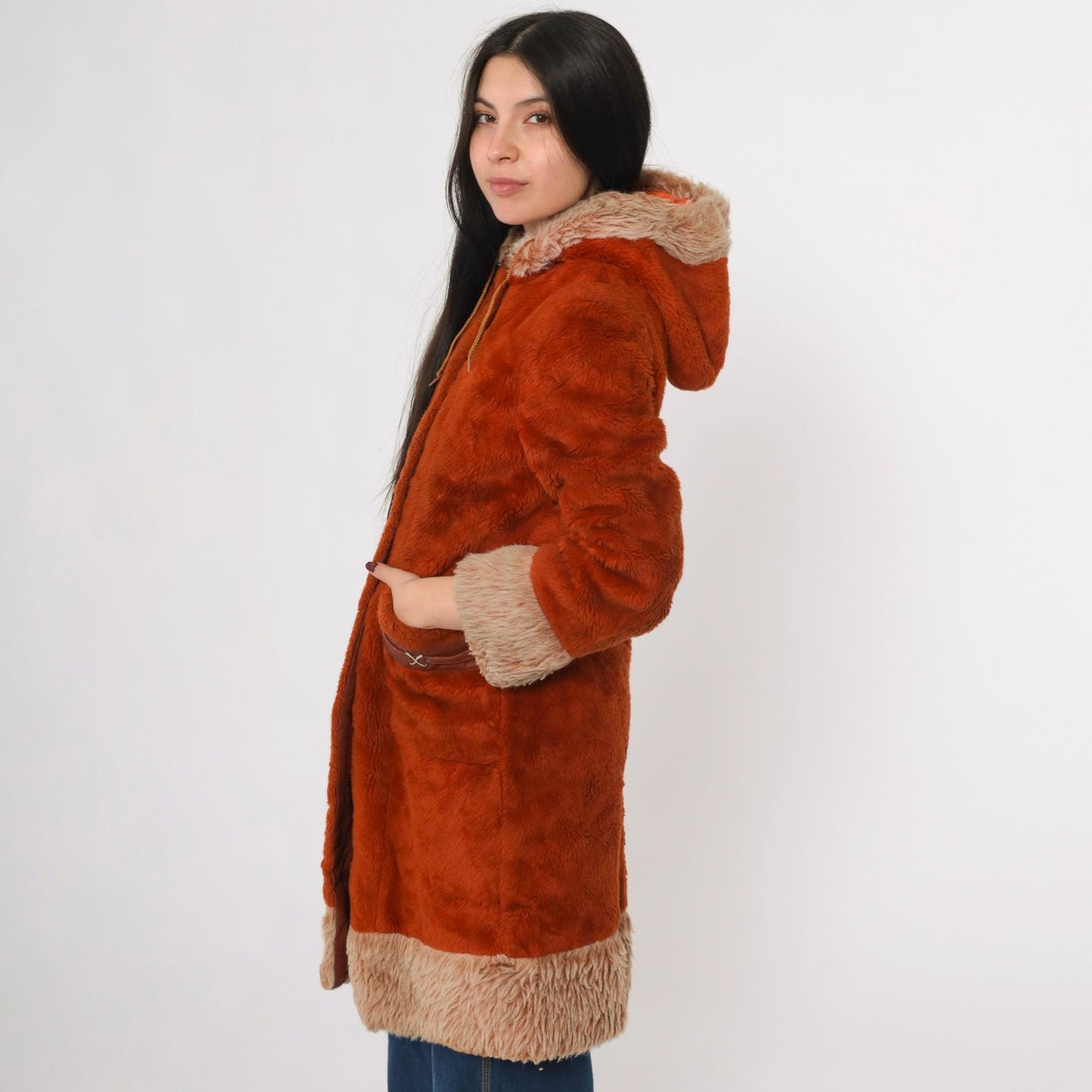 70s Burnt Orange Faux Fur Hooded Jacket Double Breasted Extra Small