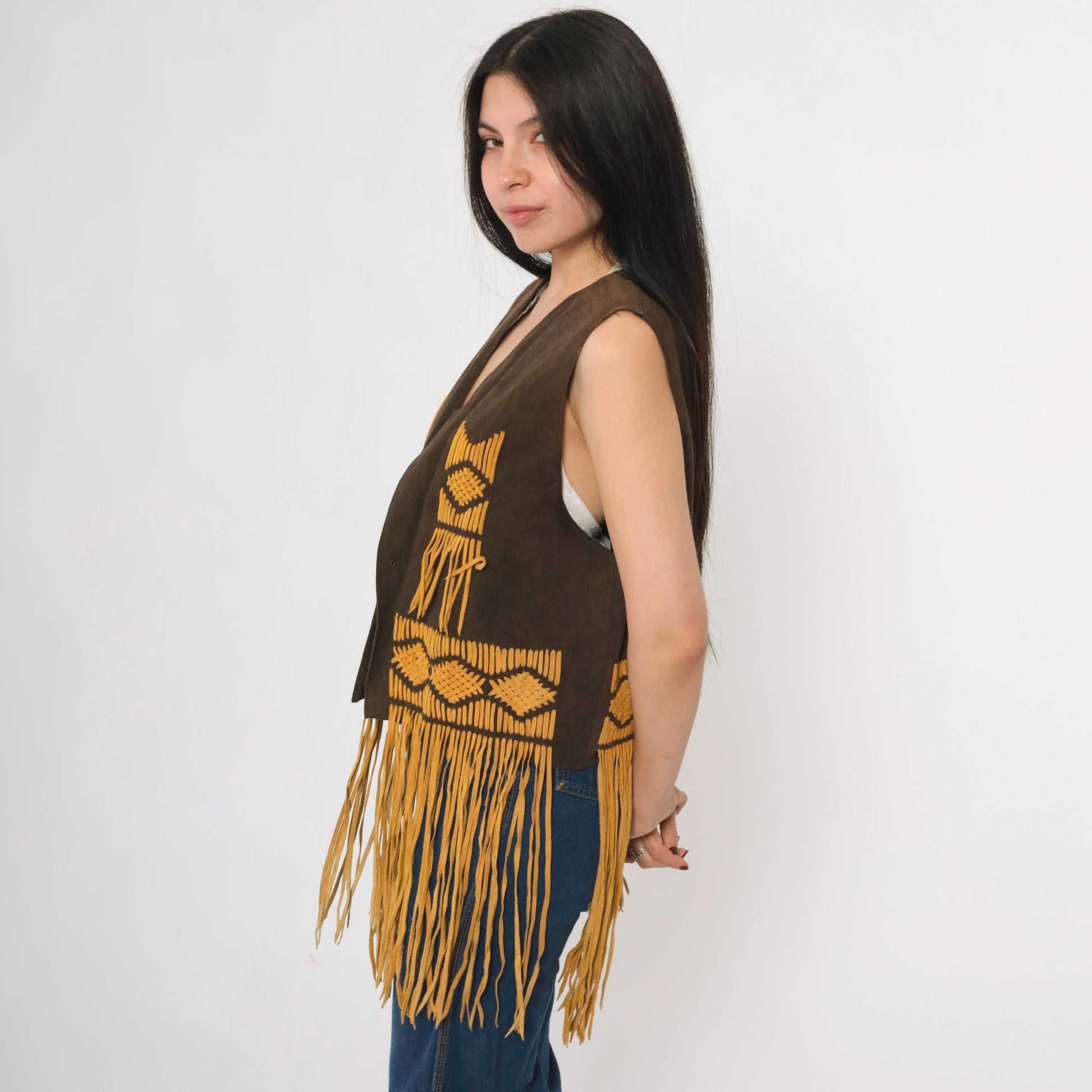 70s Brown Suede Fringe Vest Open Front Tie Sleeveless Medium M