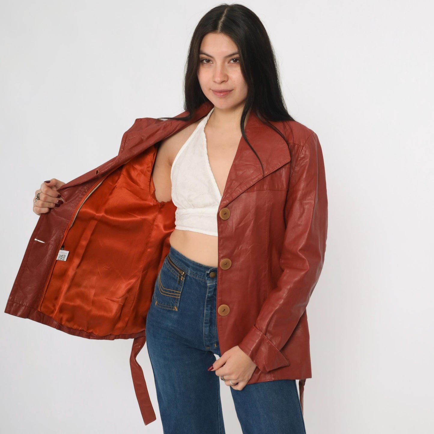 70s Learsi Leather Jacket Brick Red Belted Button-Up Small