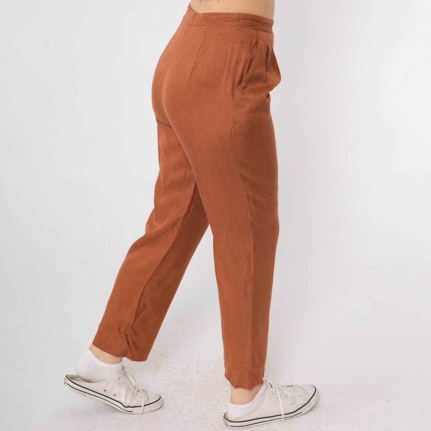 80s Burnt Orange Pleated High-Waist Trousers Straight Leg Small