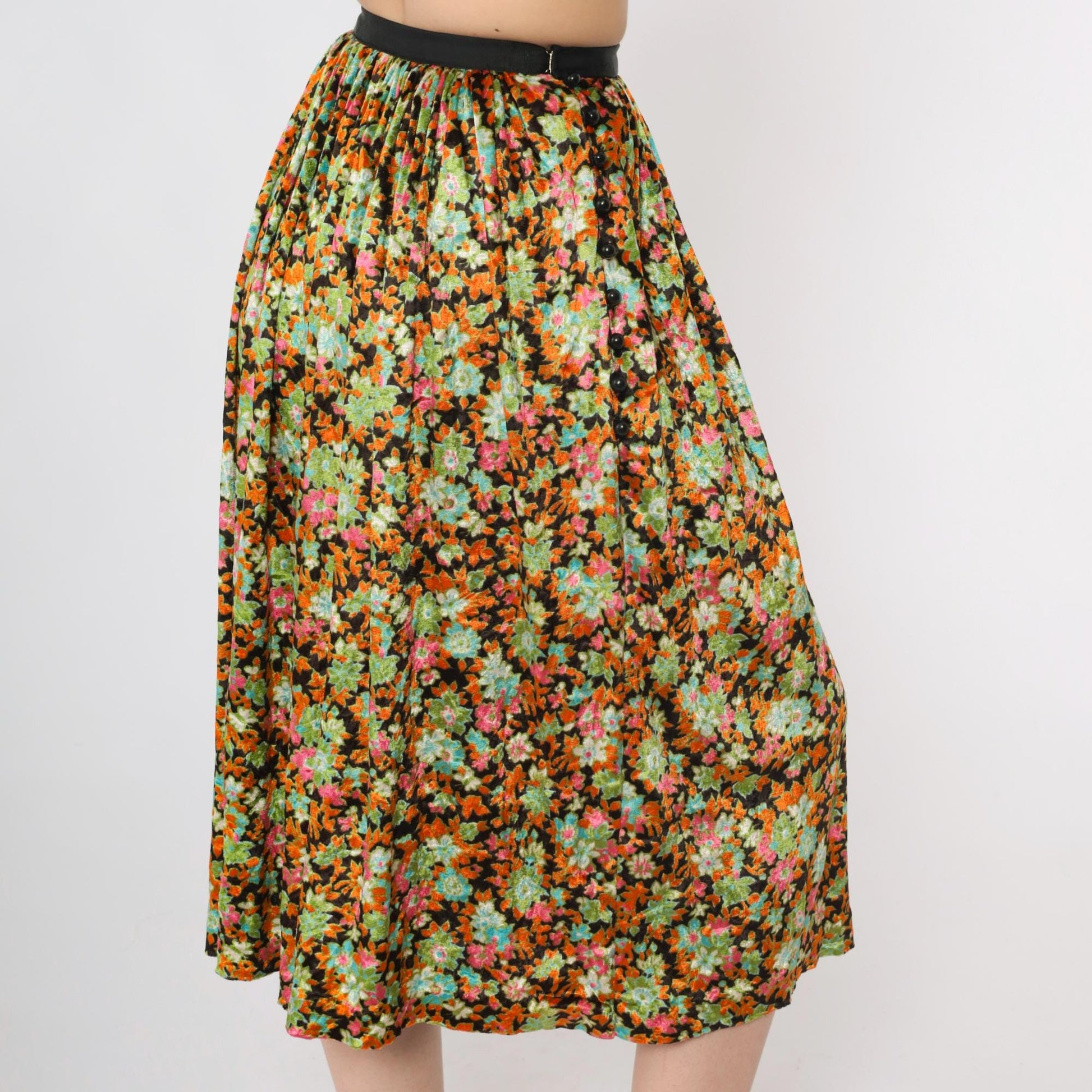 70s Floral Velvet Midi Skirt High Waisted Orange Green XXS