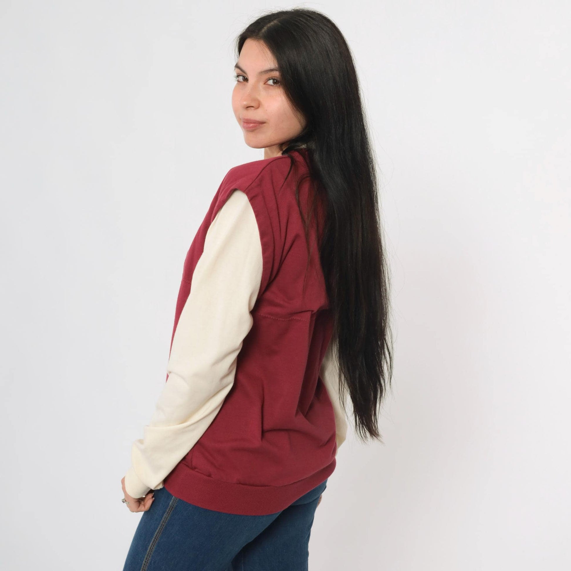 80s Huk-A-Poo Burgundy Cream Snap Neck Sweatshirt Two-Tone Men's Extra Small