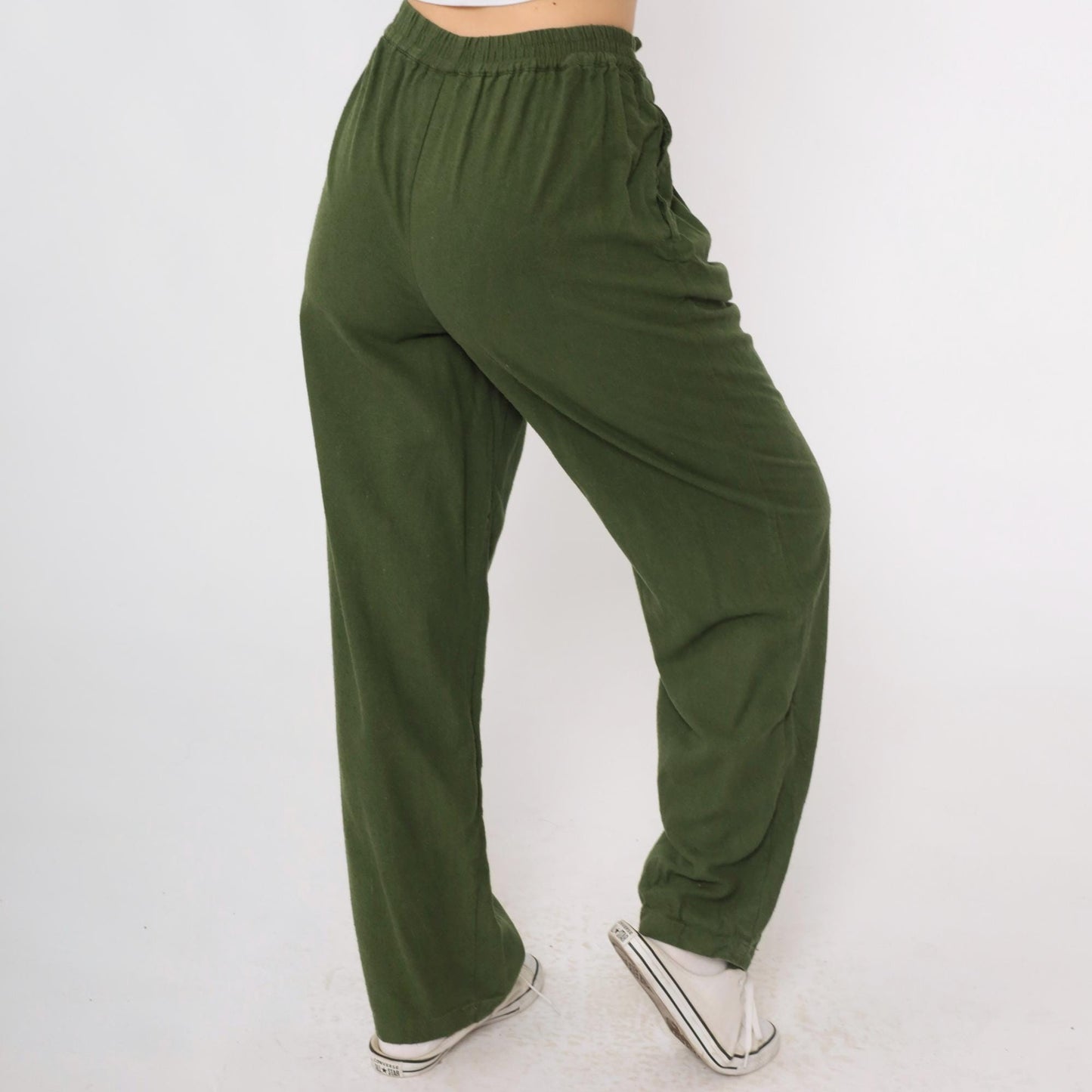 90s Selene Sport Olive Silk Tapered Pants Drawstring Elastic Waist Small S