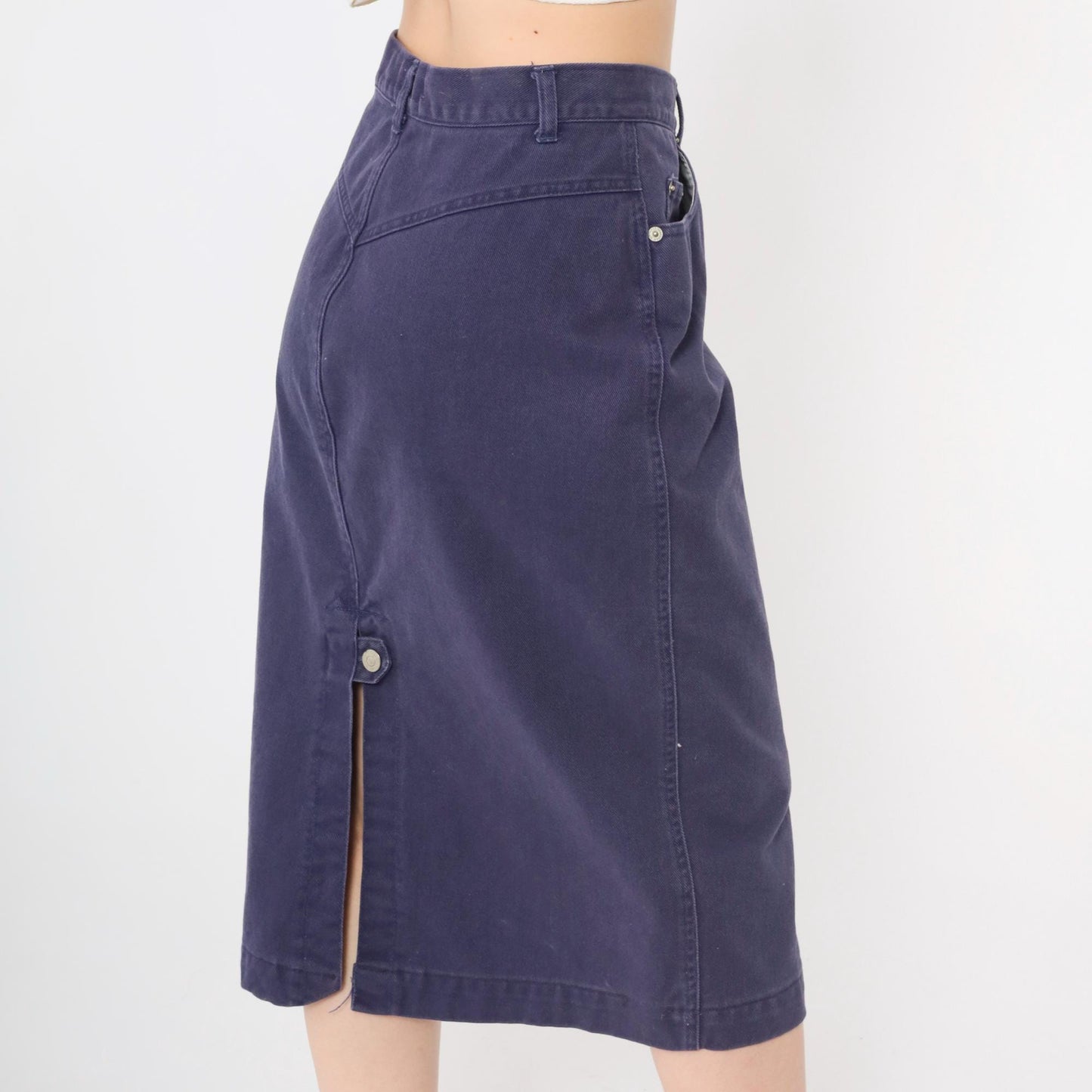 90s Purple Denim Midi Skirt High Waist Pencil Cut Rear Slit Small