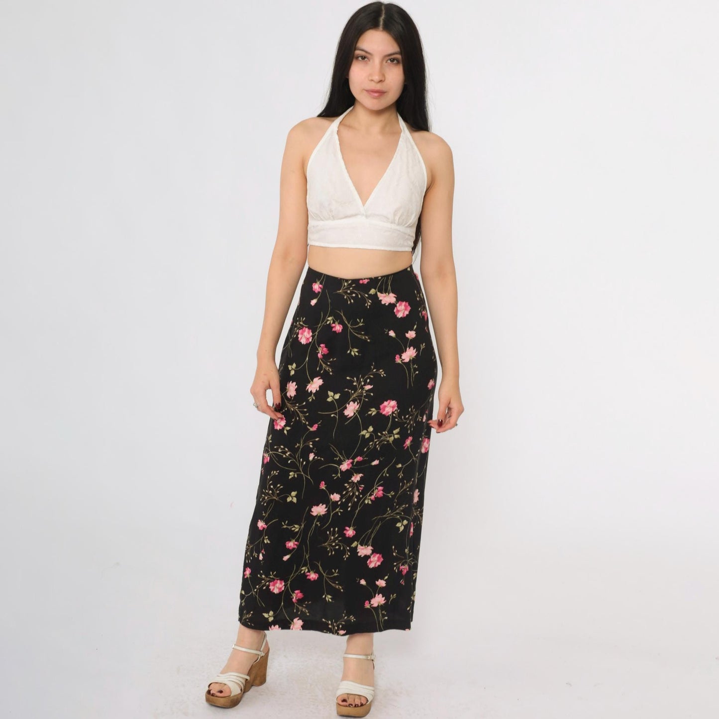 90s Black Floral Rayon Skirt High Waist Ankle Length Extra Large XL