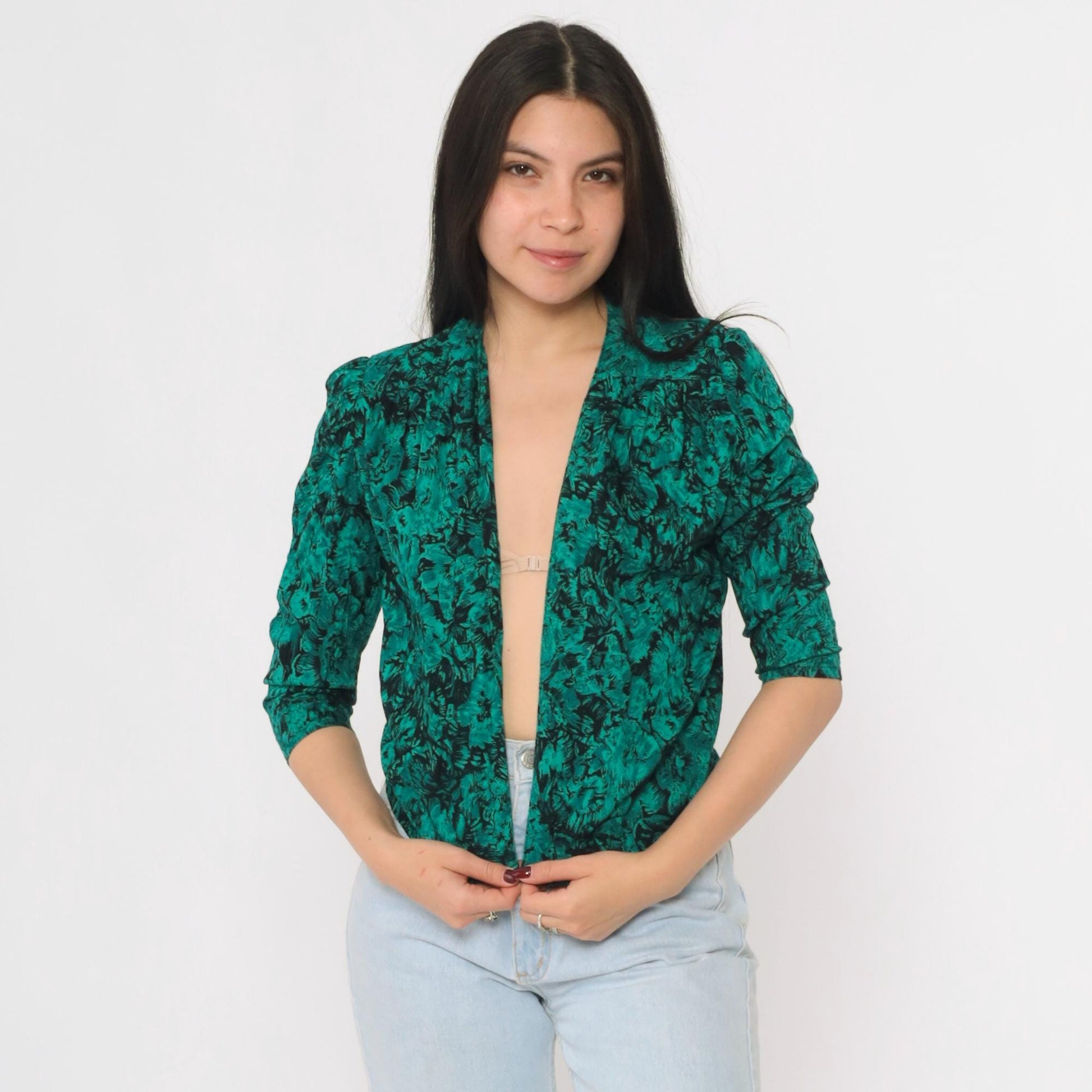 80s Jazzy Rayon Blouse Puff Sleeve Abstract Floral Green Black Small
