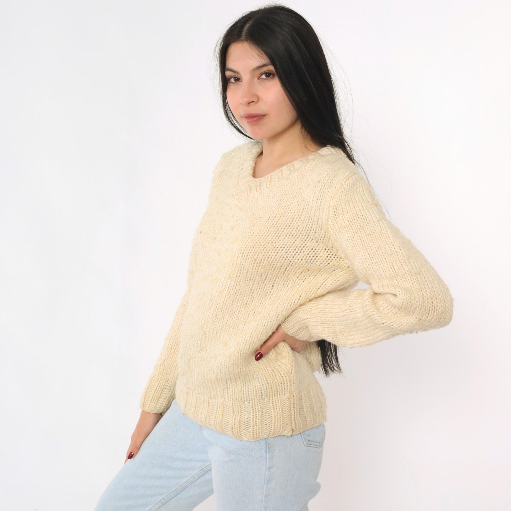 80s Cream Slub Knit V-Neck Sweater Pullover Medium M