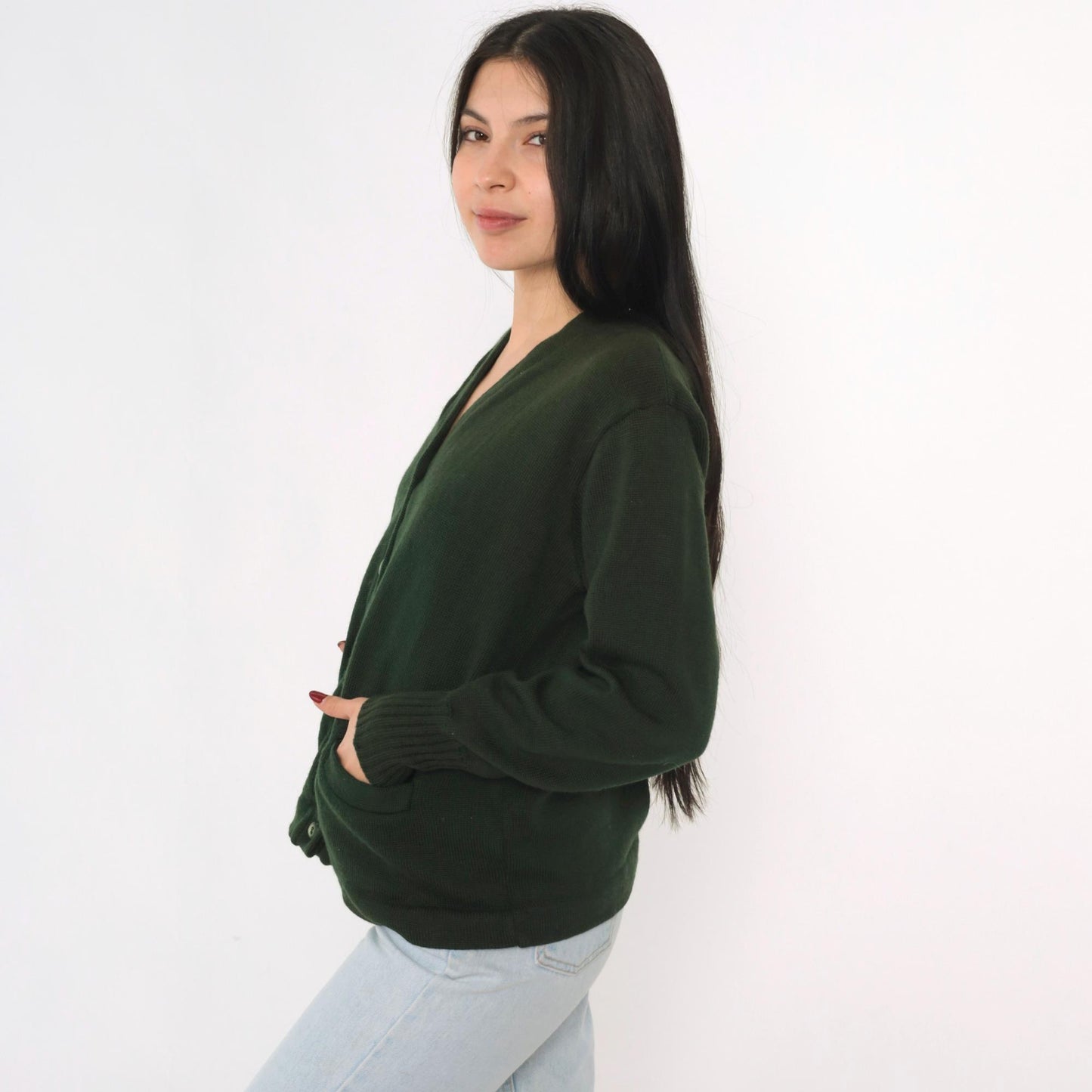 1960s Albion Knit Dark Green Wool Cardigan Button-Up Medium M
