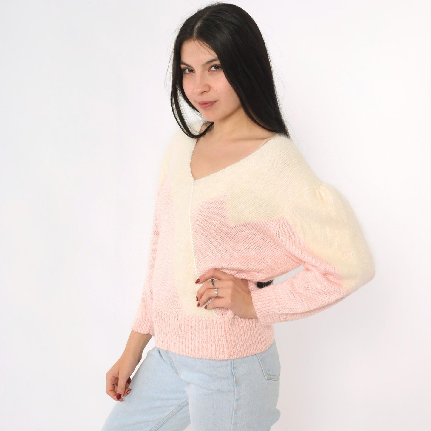 80s Pink Cream Angora Chevron V-Neck Sweater Pullover Medium