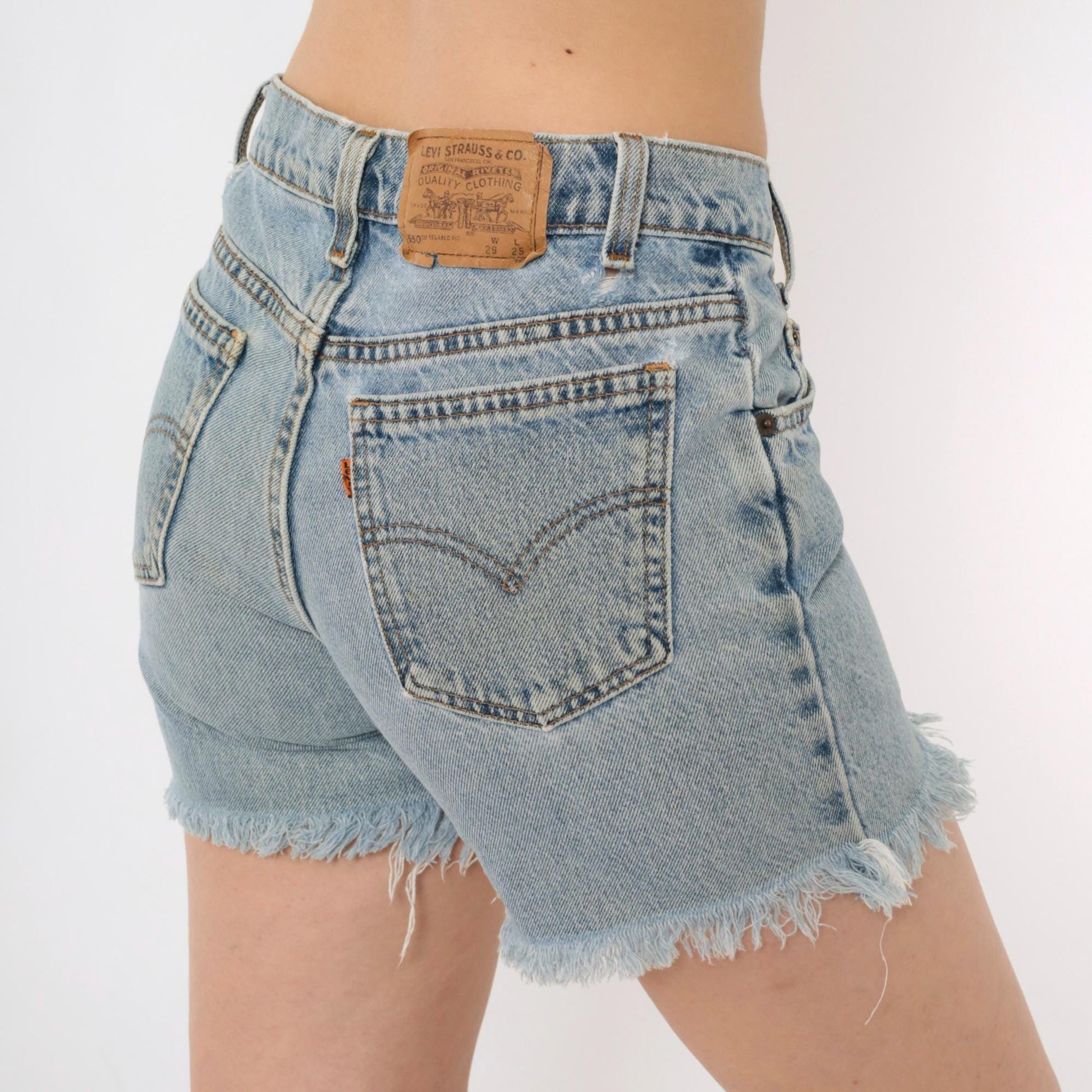 90s Levi's 550 Blue Denim Cutoff Shorts Low Rise Frayed Small