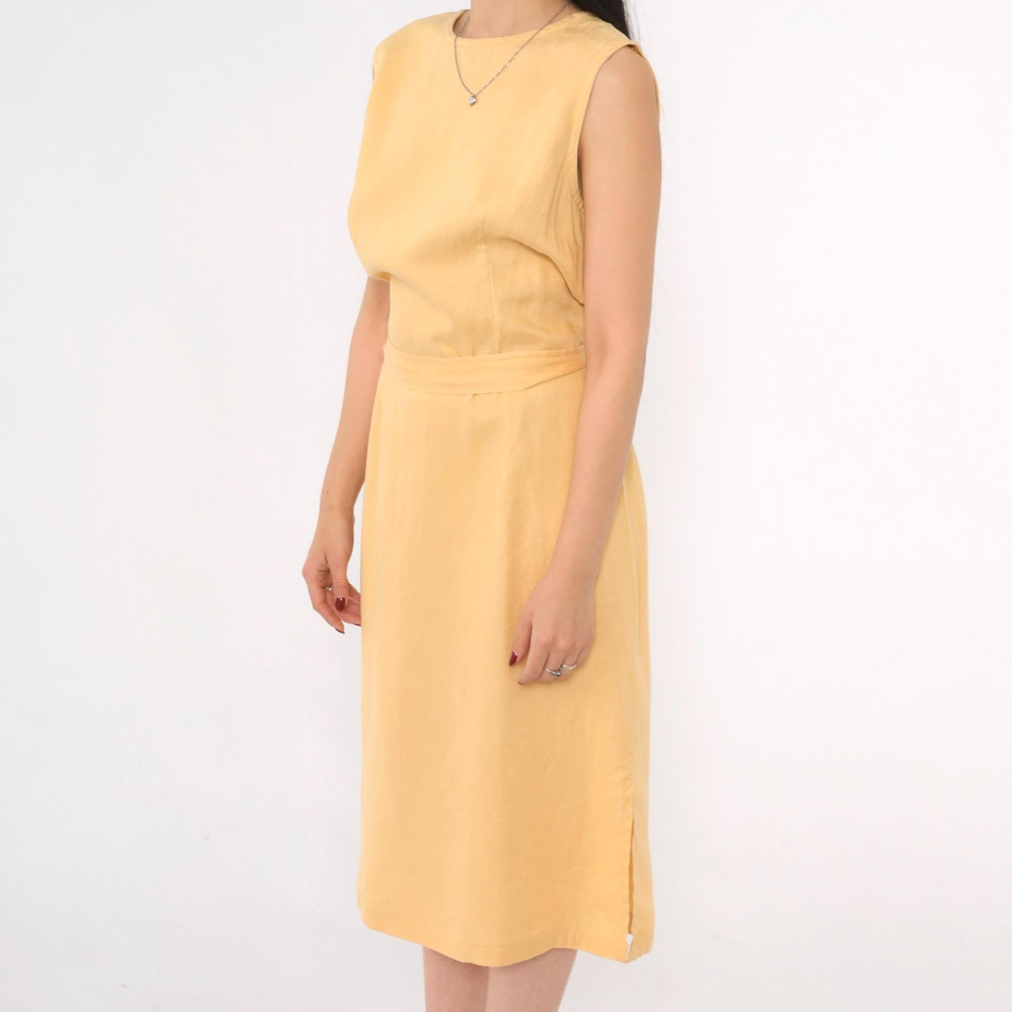 90s Rafaella Yellow Linen Midi Dress Button Back Sleeveless Medium 10