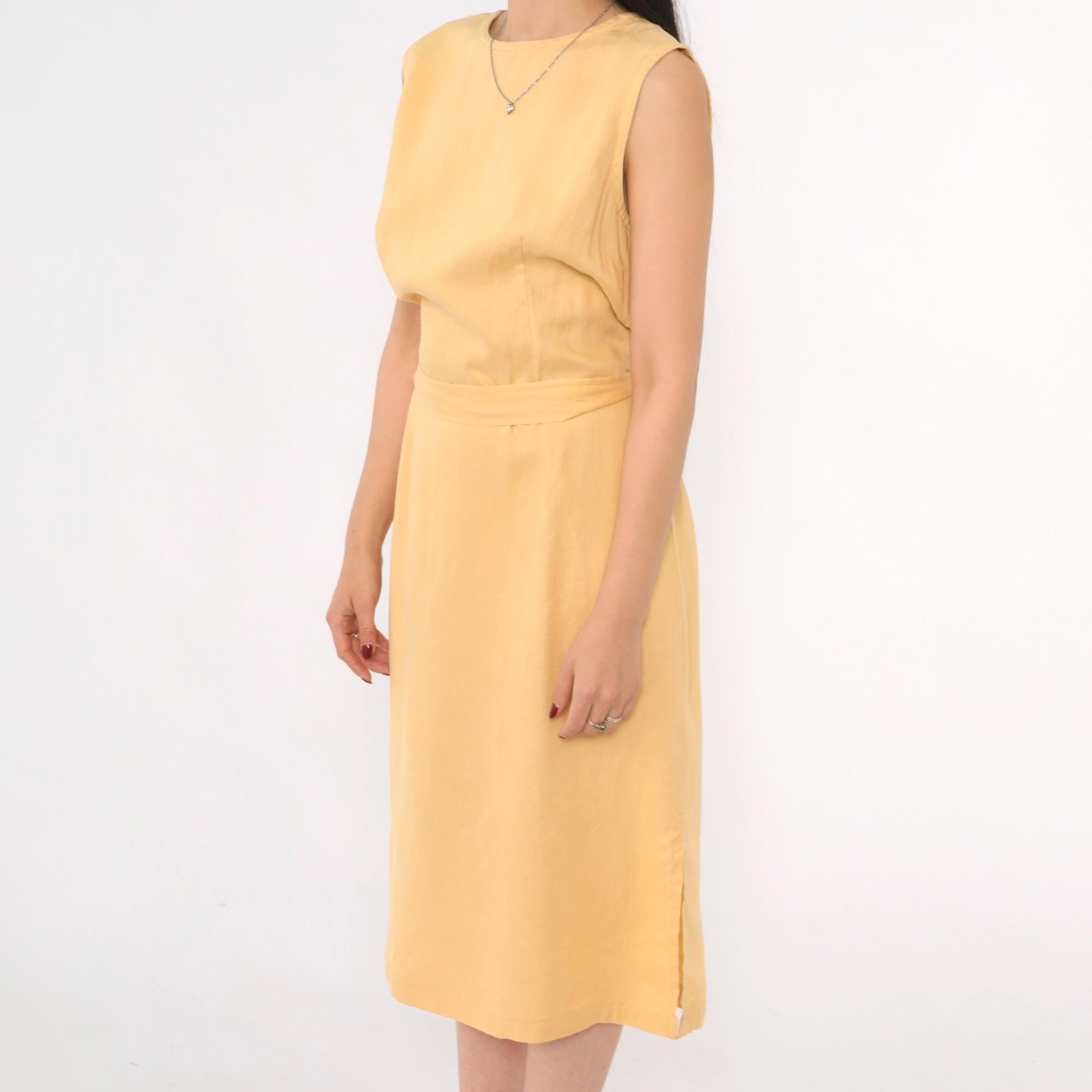 90s Rafaella Yellow Linen Midi Dress Button Back Sleeveless Medium 10