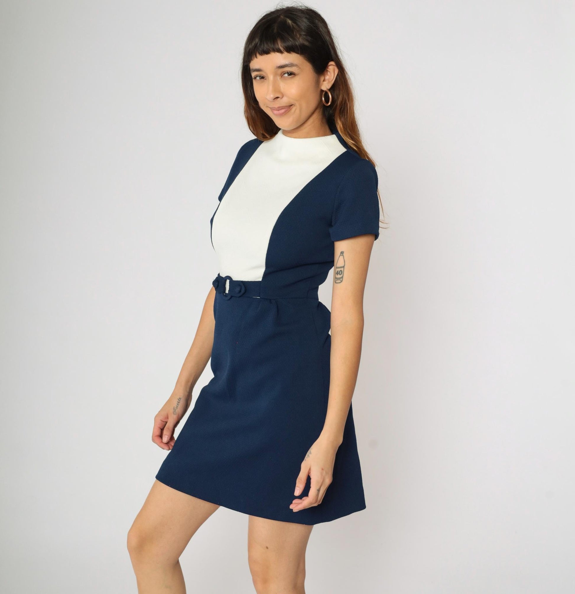 60s Mod Colorblock Mini Dress Navy White Bib Mock Neck Small