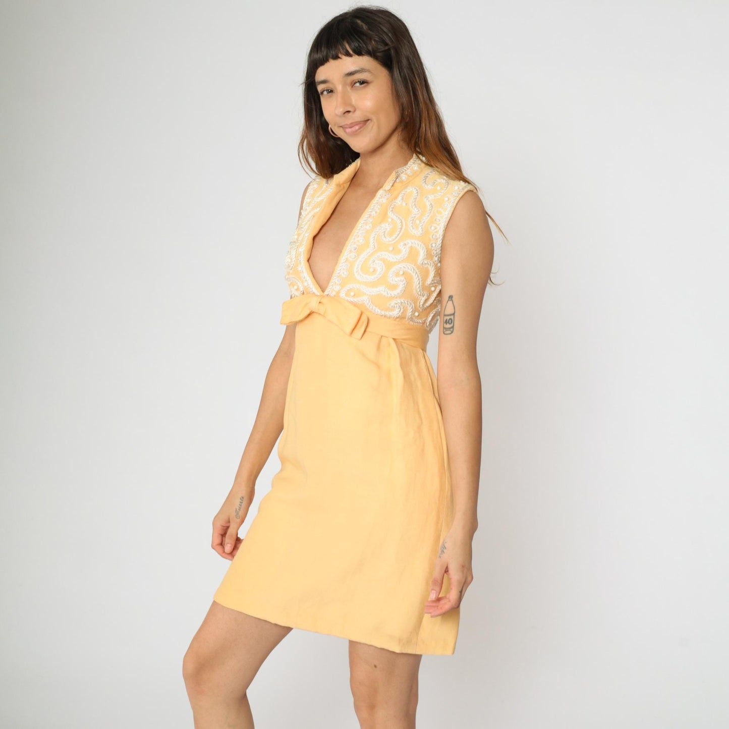60s Maison Mendessolle Peach Mini Dress Beaded Bow Empire Waist XS