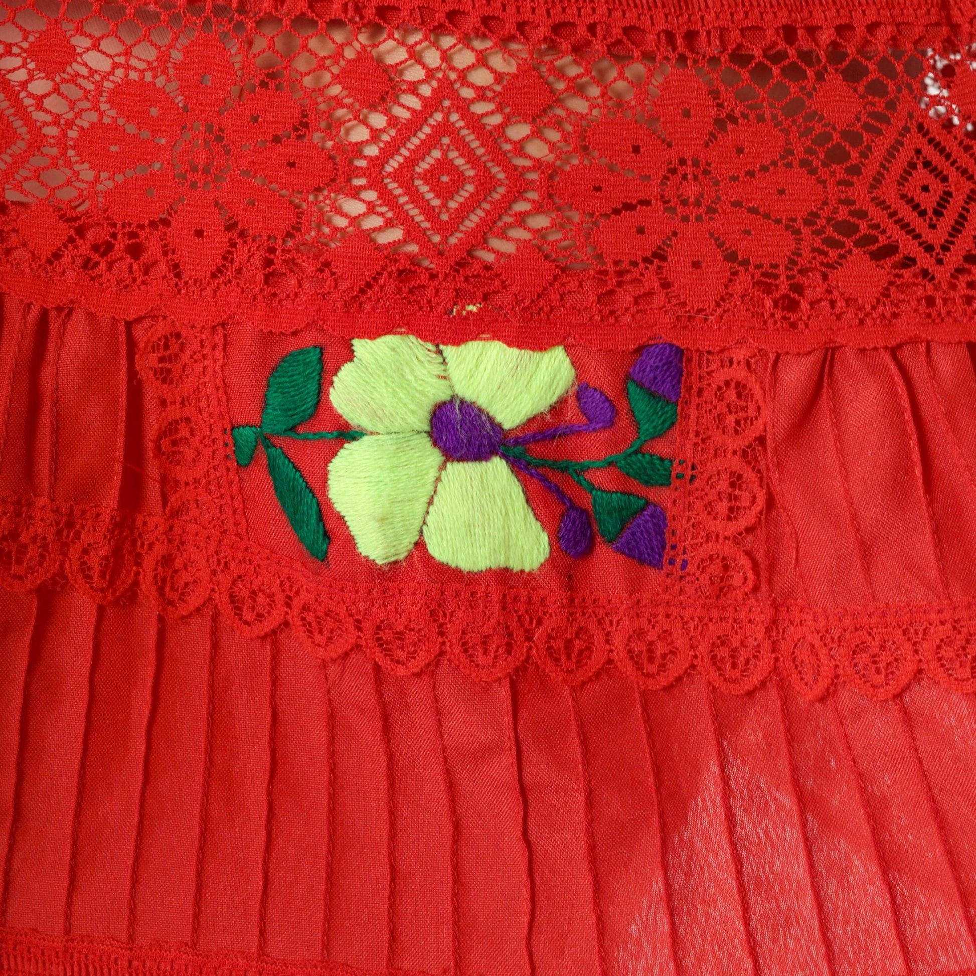 90s Mexican Peasant Dress Red Floral Embroidered Mini Off-Shoulder Small