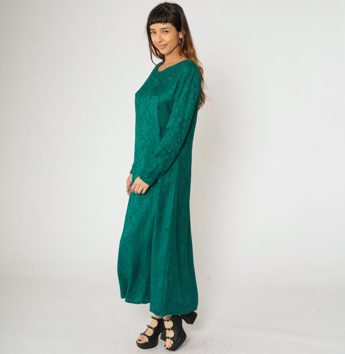 90s Sarah Elizabeth Green Floral Jacquard Maxi Dress Beaded Embroidered Medium 8
