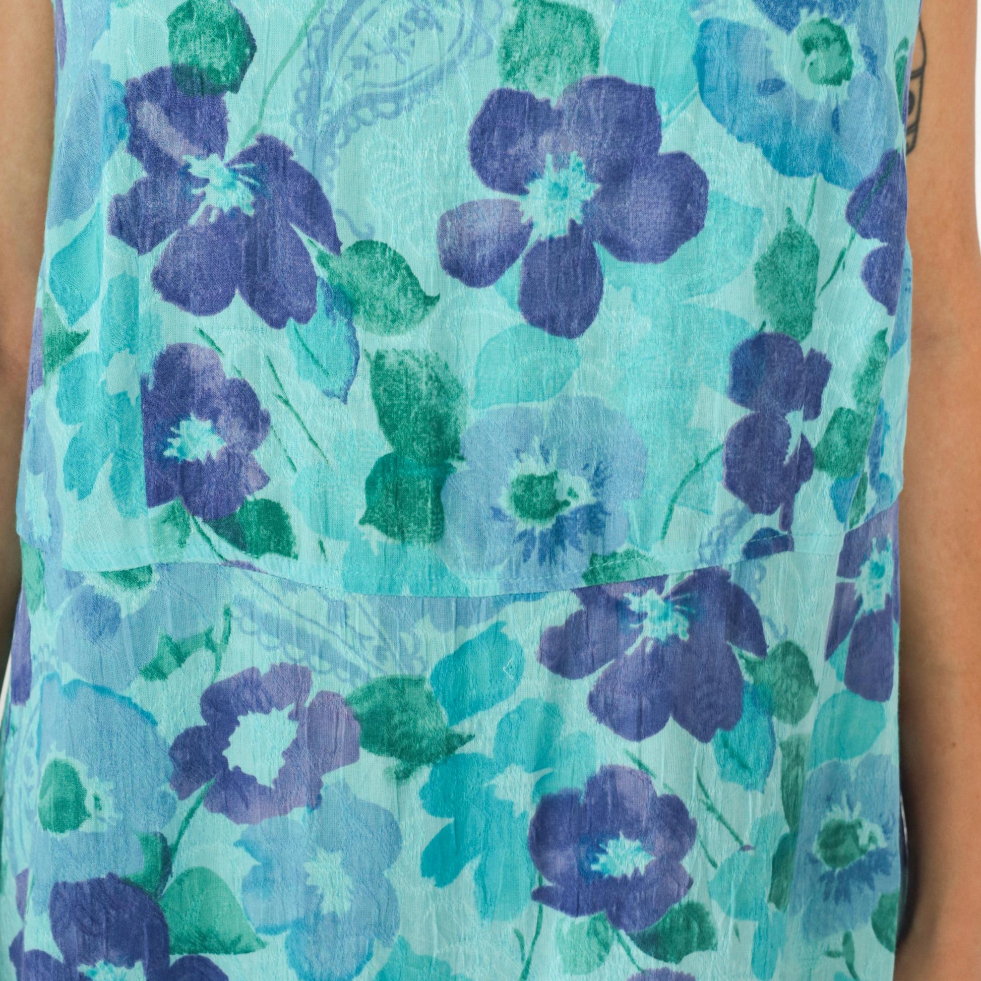 90s Aqua Watercolor Floral Paisley Maxi Dress Sleeveless Rayon Plus Size XXL