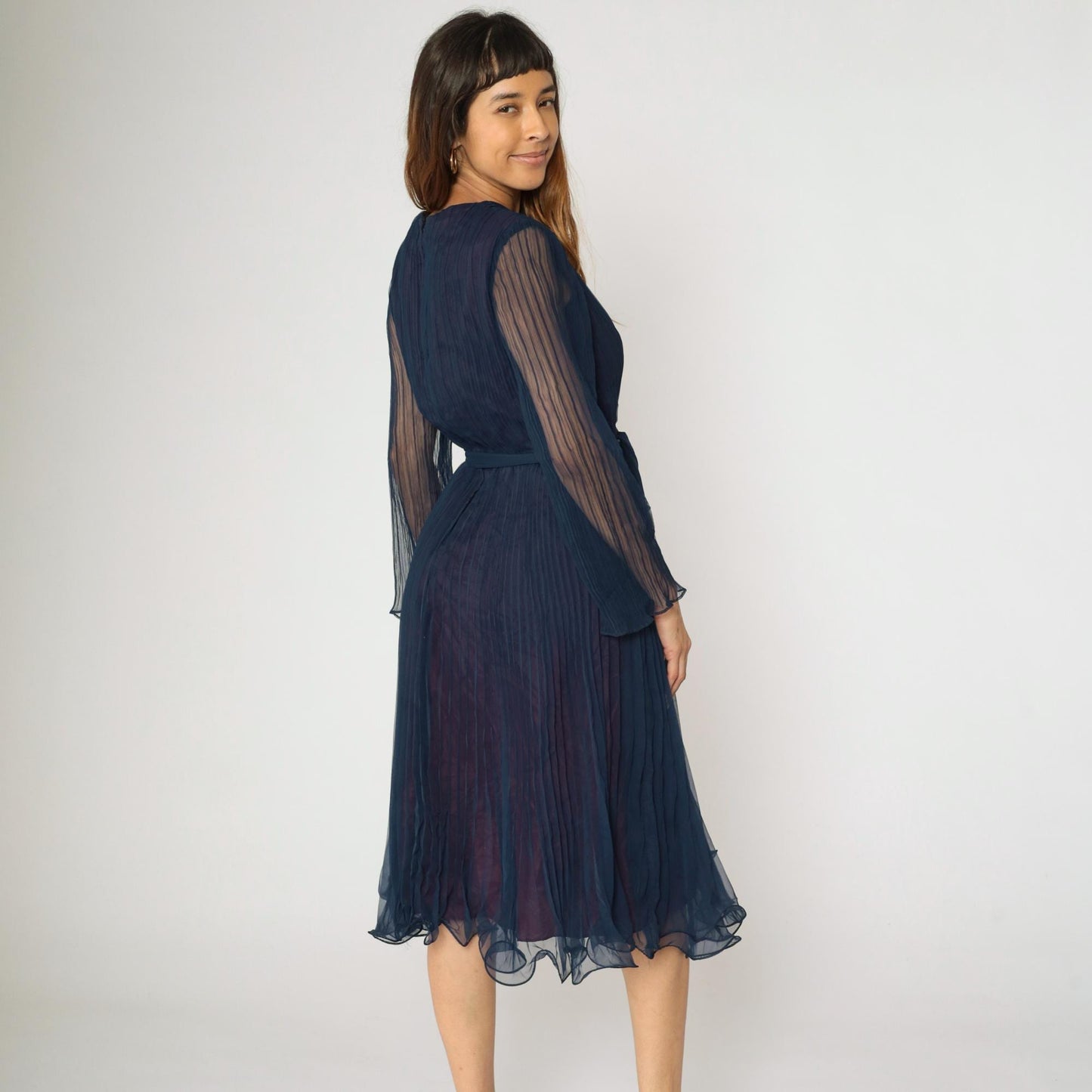 70s Navy Chiffon Midi Dress Pleated V-Neck Sheer Sleeves High Waist Small