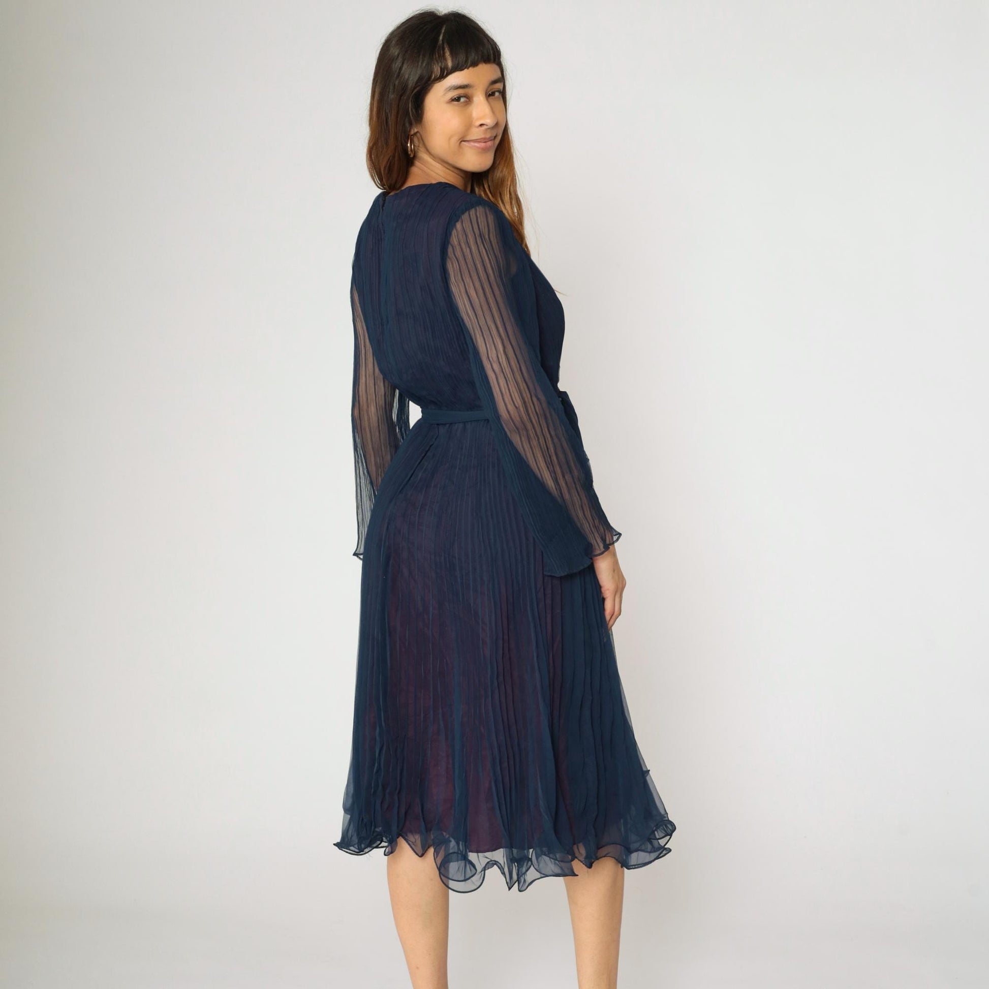 70s Navy Chiffon Midi Dress Pleated V-Neck Sheer Sleeves High Waist Small