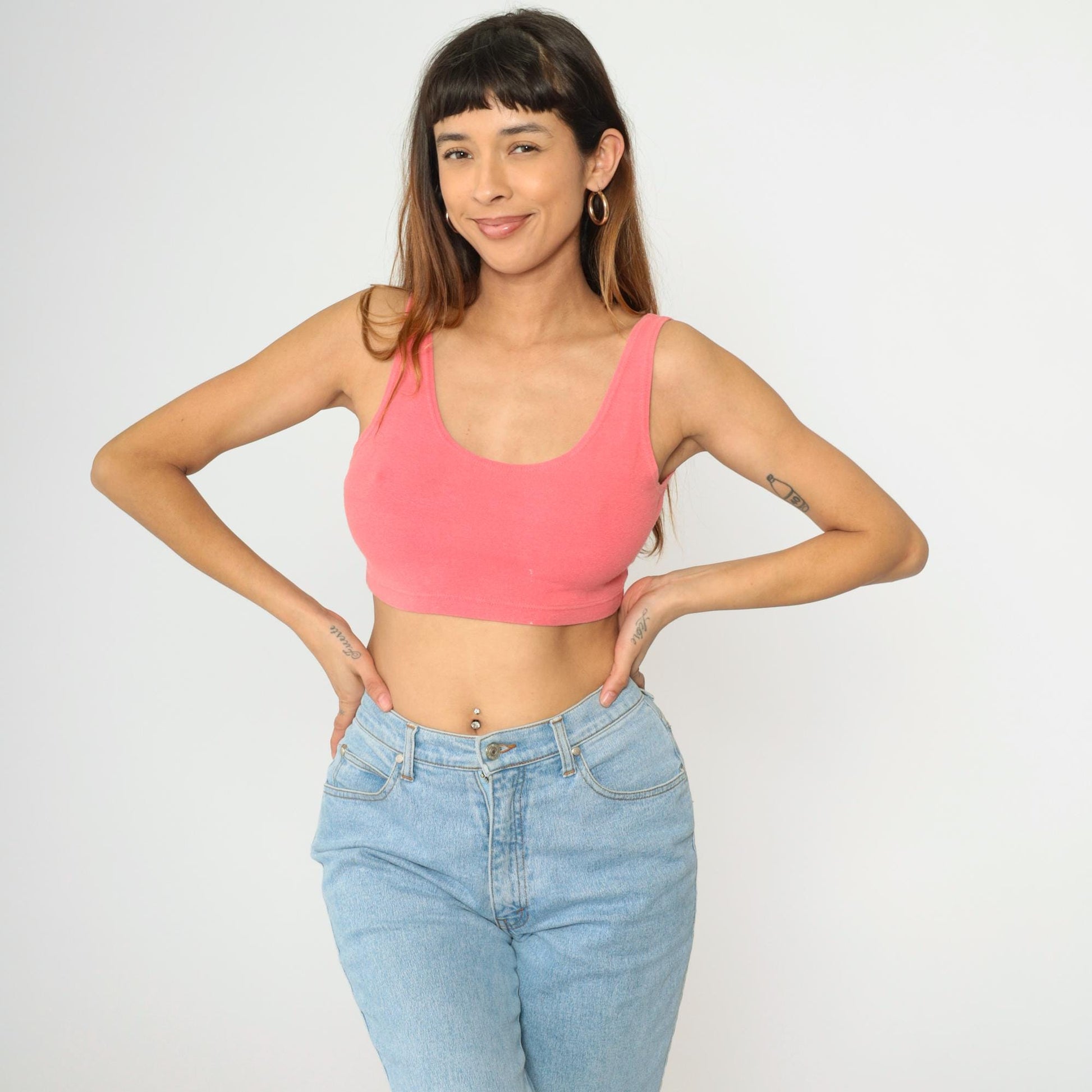 80s Express Pink Crop Tank Top Scoop Neck Bodycon Small