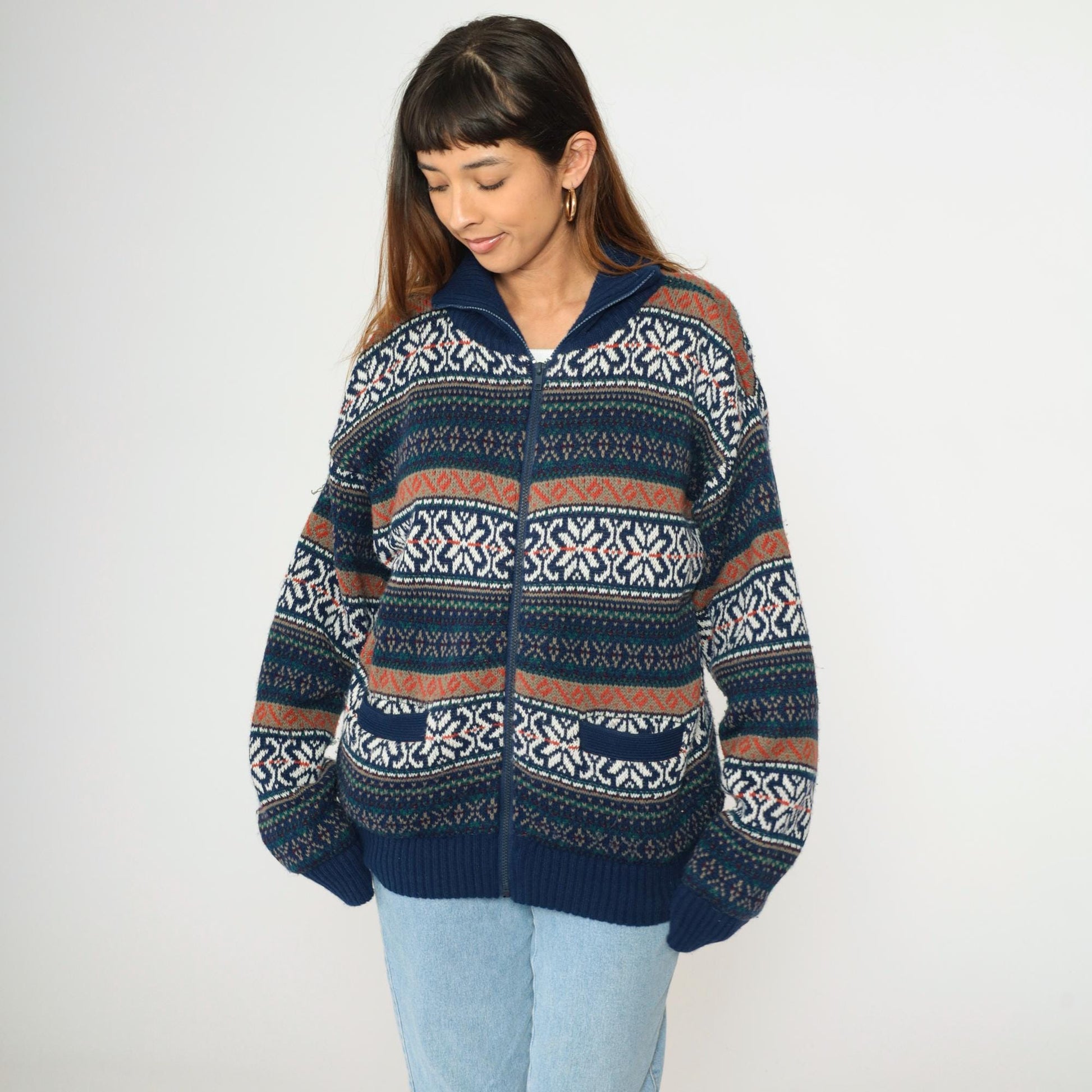 00s Fair Isle Cardigan Navy Blue Zip-Up Knit Sweater Large L