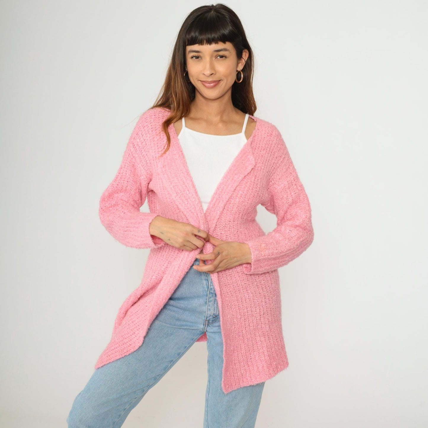 80s Pink Ribbed Knit Cardigan Open Front Wrap Sweater Medium Large