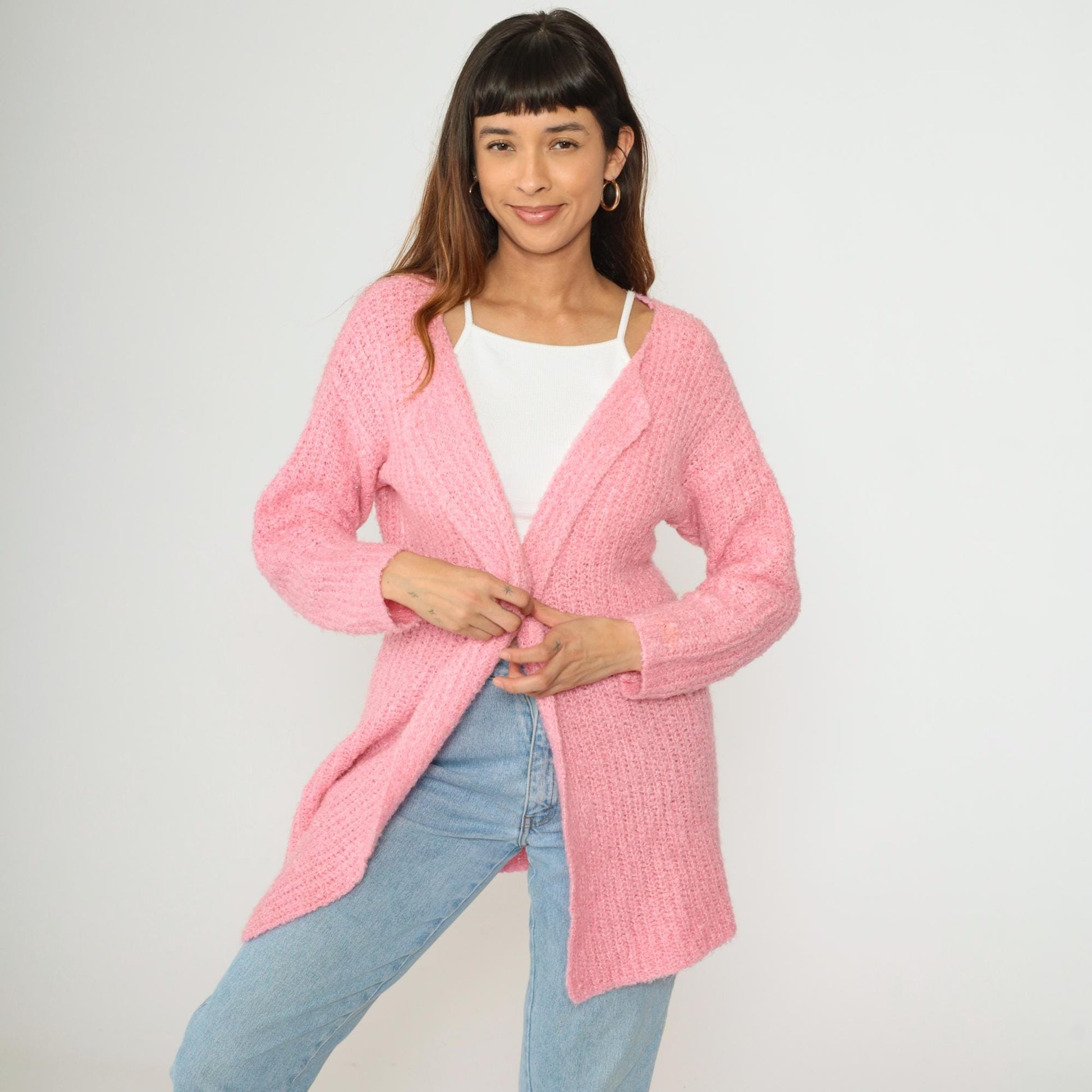 80s Pink Ribbed Knit Cardigan Open Front Wrap Sweater Medium Large