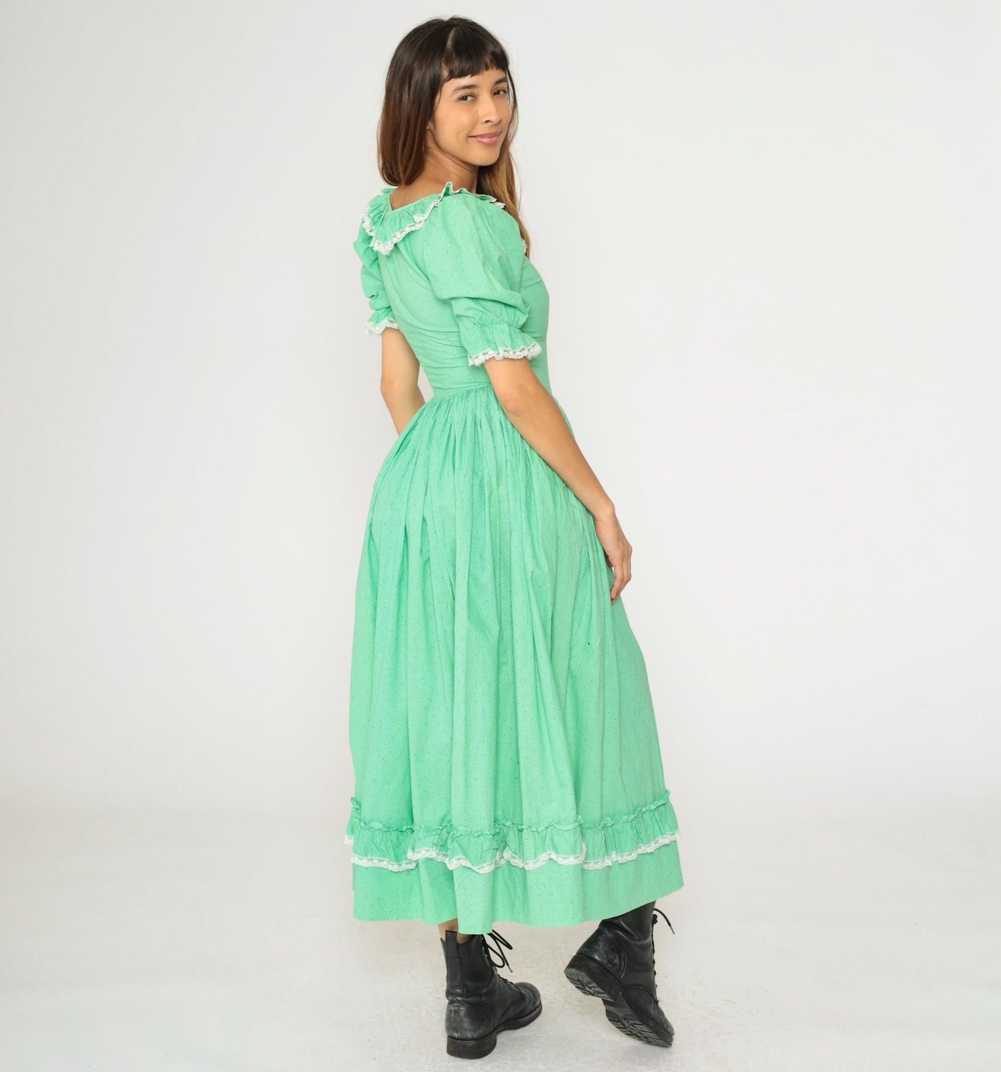 1960s Mint Green Polka Dot Puff Sleeve Maxi Dress High Waist Extra Small