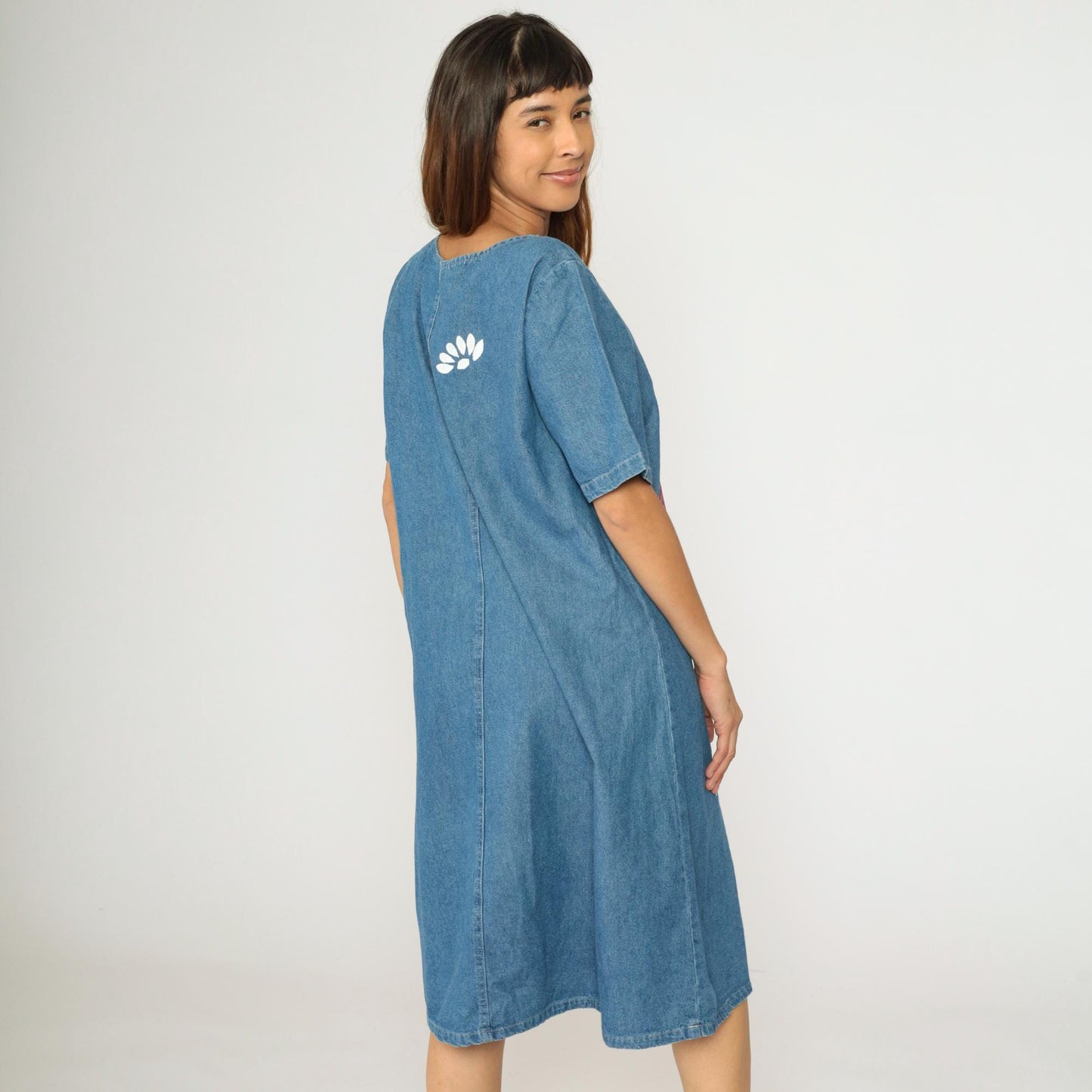 90s Denim Midi Dress Ladybug Floral Print Shift Blue Short Sleeve Large L