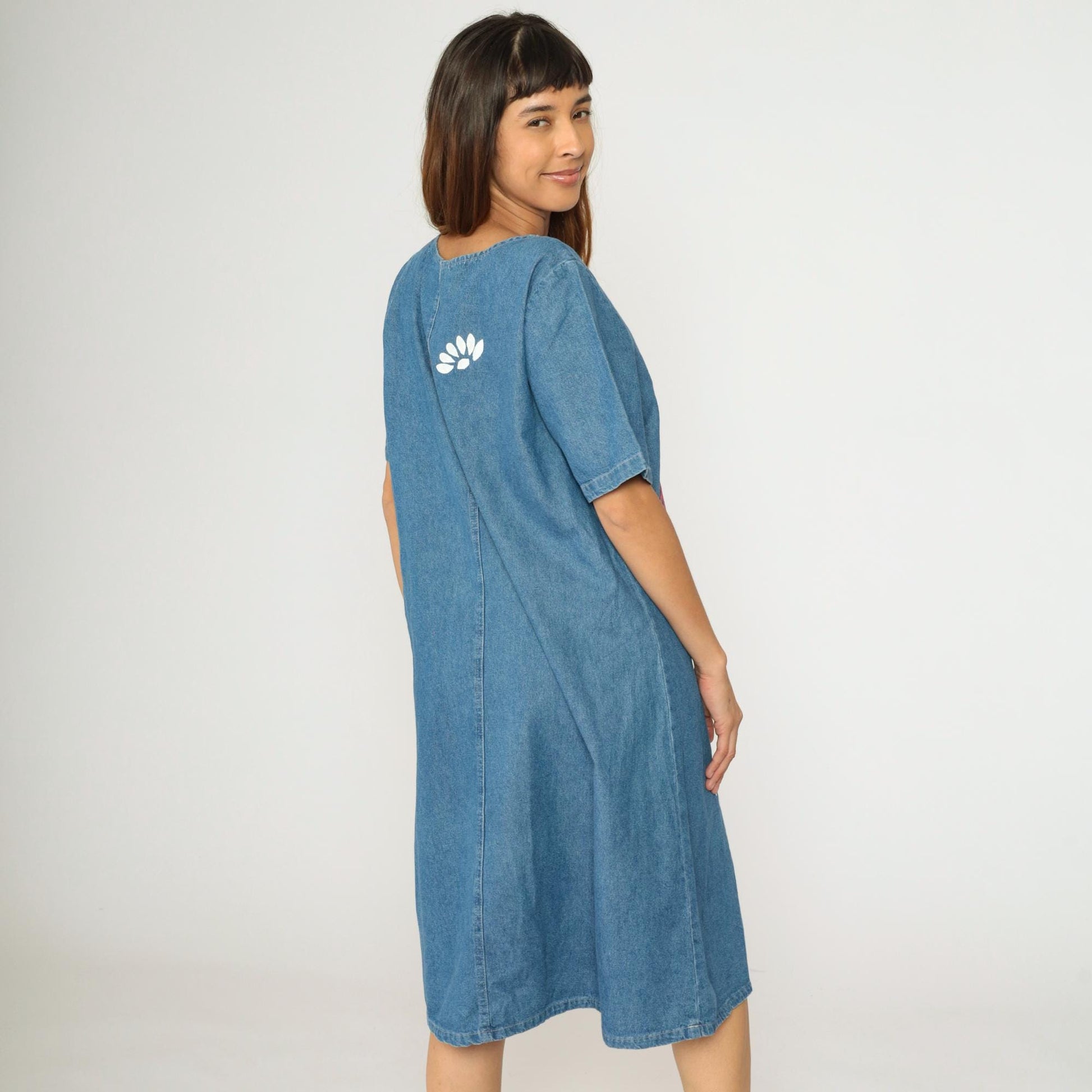 90s Denim Midi Dress Ladybug Floral Print Shift Blue Short Sleeve Large L